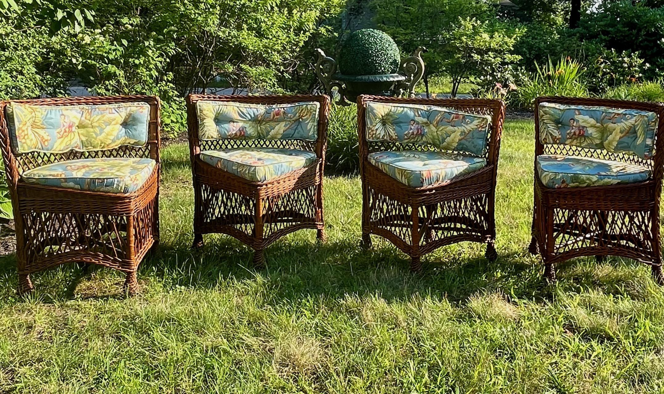 Antique Wicker Oak Top Card/Game Table and Four Matching Bar Harbor Style Chairs 1