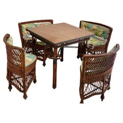 Antique Wicker Oak Top Card/Game Table and Four Matching Bar Harbor Style Chairs