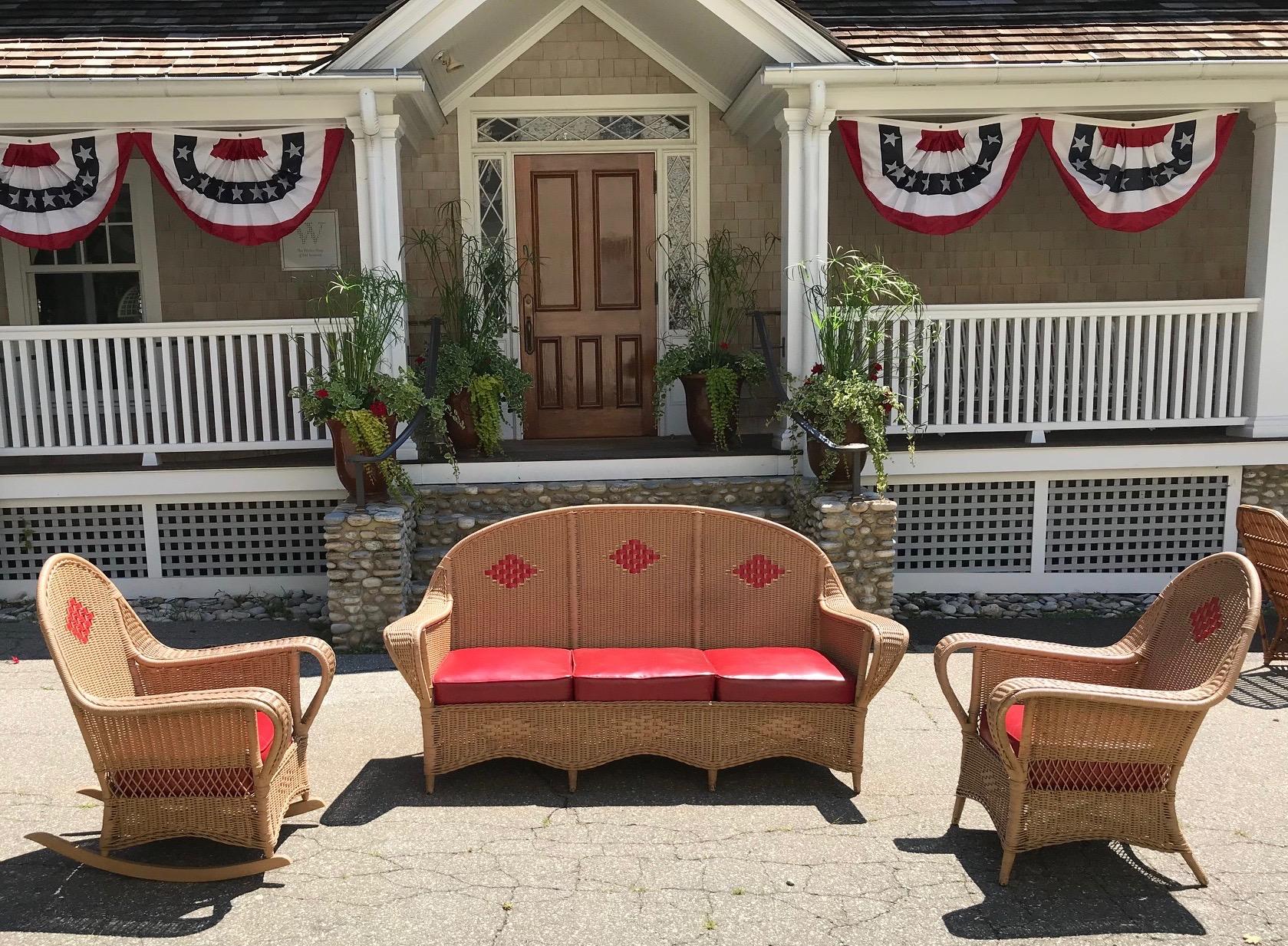Antique deco four-piece wicker porch set consisting of sofa, chair, rocker and table. Box spring cushions covered in vinyl. Comfortable seating with vintage look. Custom painting available if different colors are preferred at additional cost.
Sofa