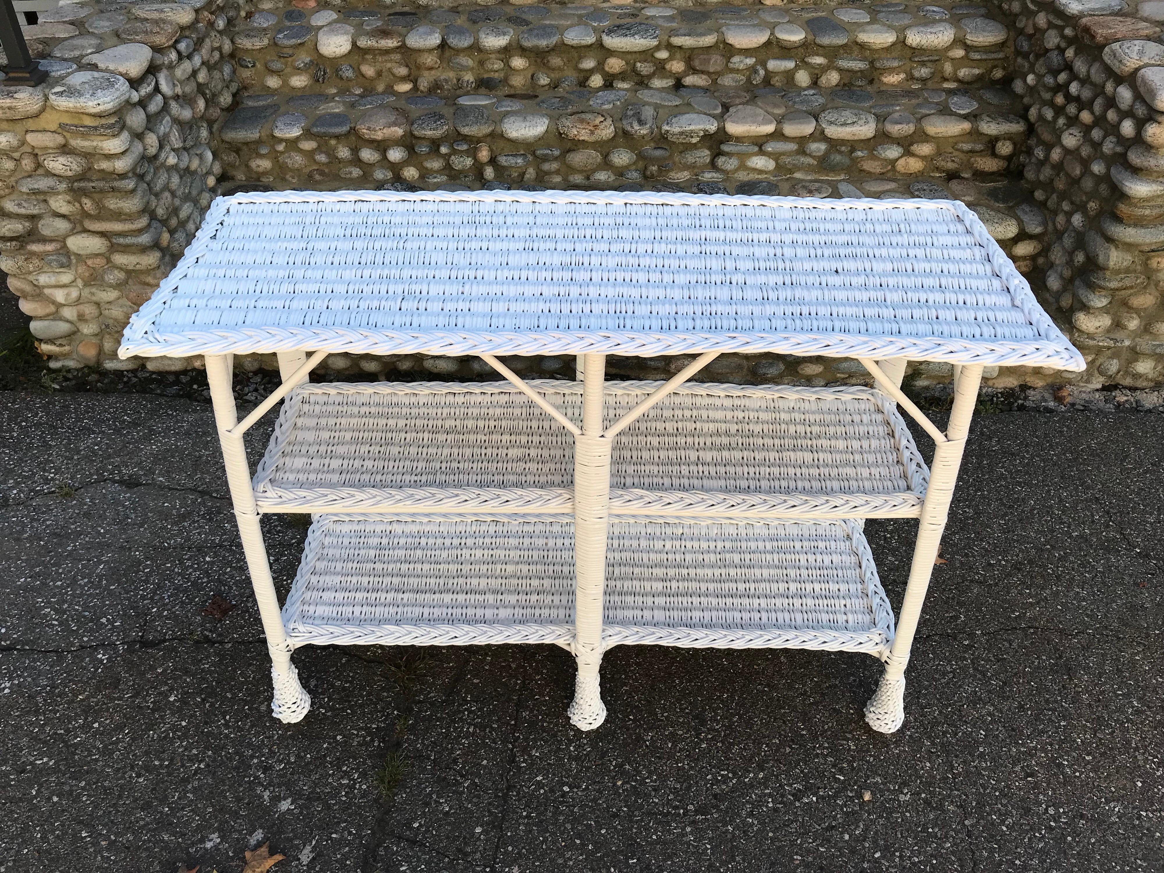 Antique Wicker Table with Three Shelves In Good Condition In Old Saybrook, CT