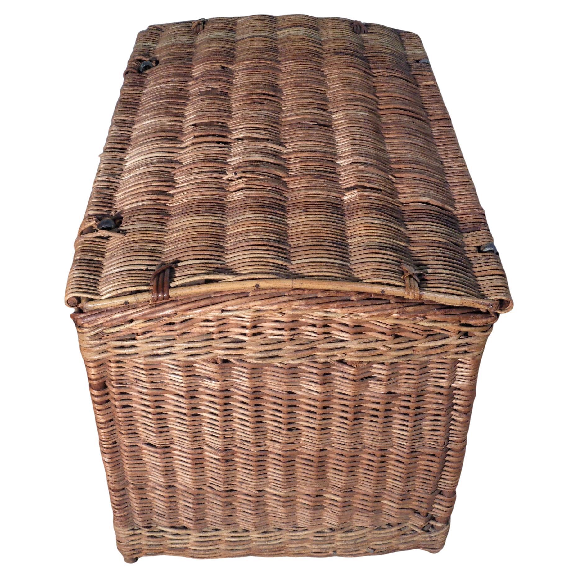 Hand-Crafted Antique Wicker and Brass Trunk