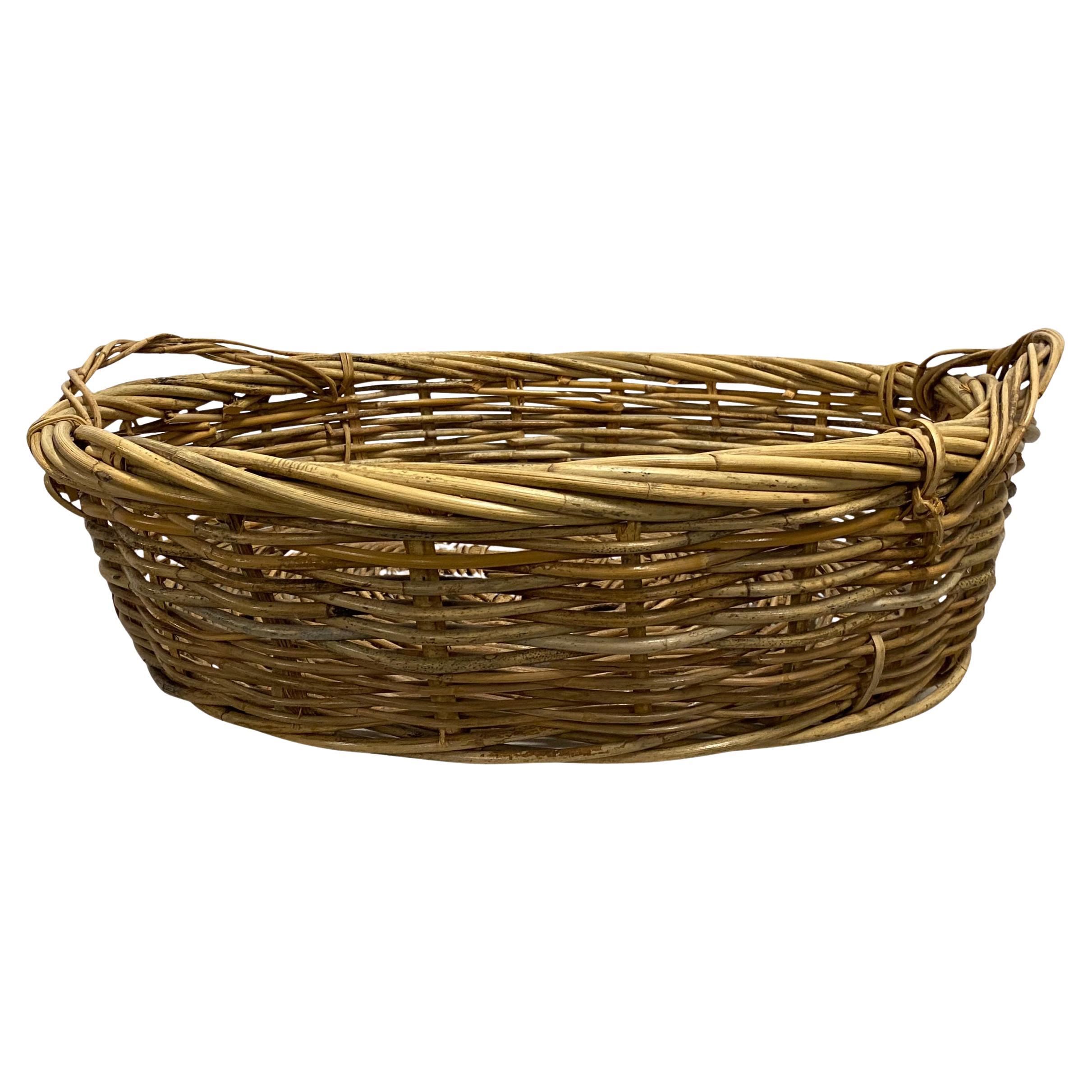 Antique Wicker Wash Basket with Handles For Sale