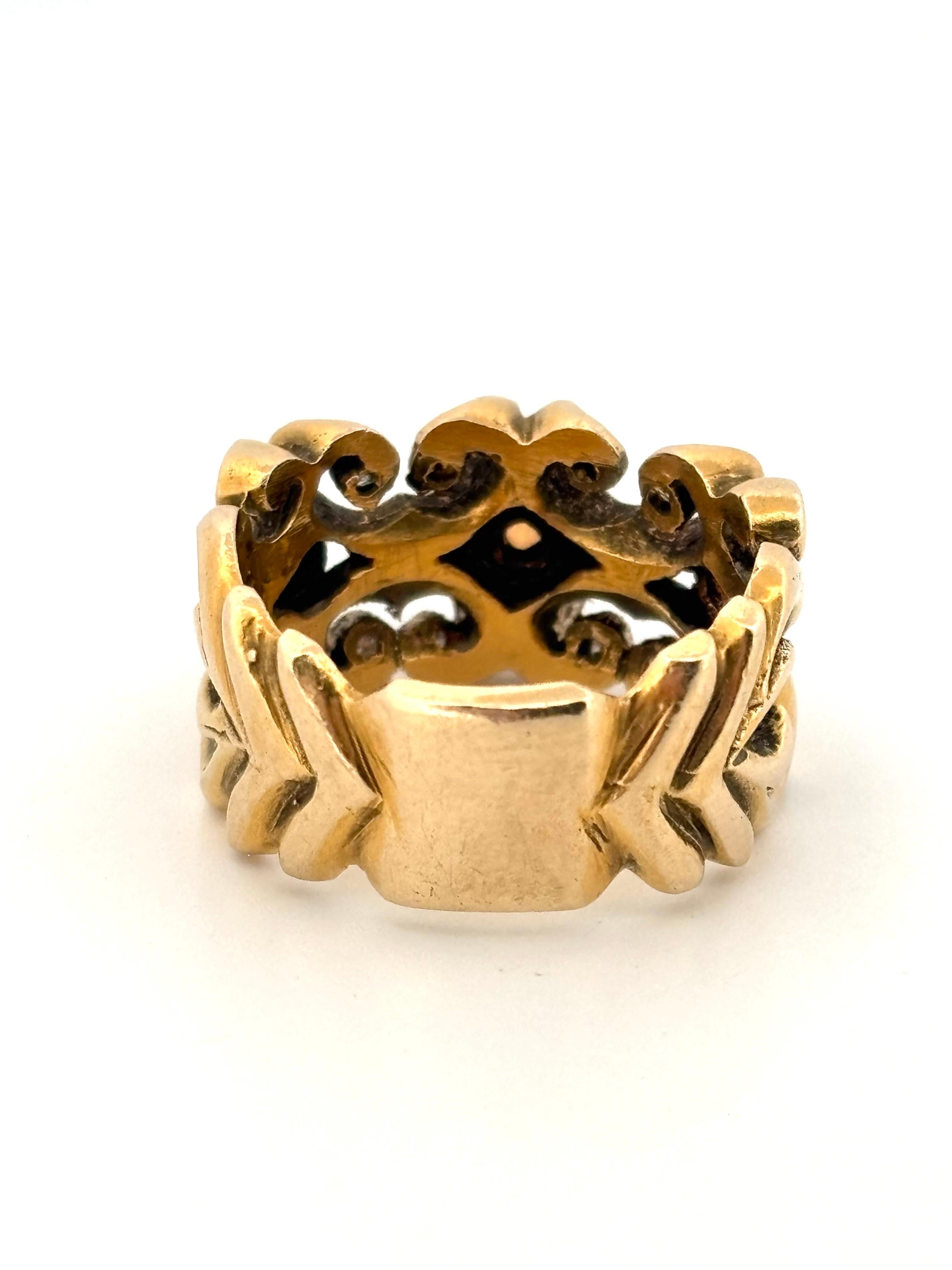 Rétro Bague en or jaune 14K à large bande d'opale et de diamants Taille 6.75 en vente