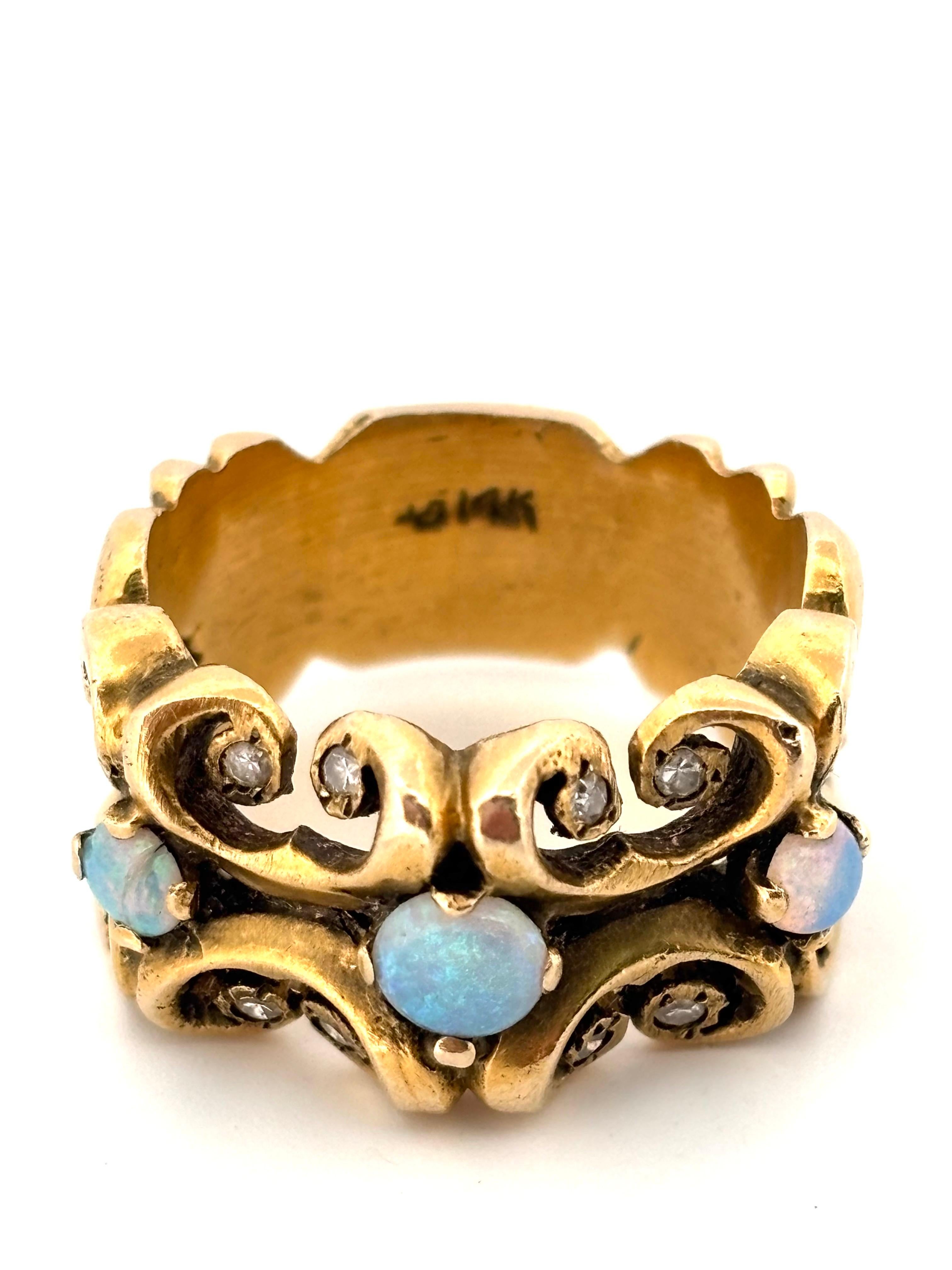 Taille ronde Bague en or jaune 14K à large bande d'opale et de diamants Taille 6.75 en vente