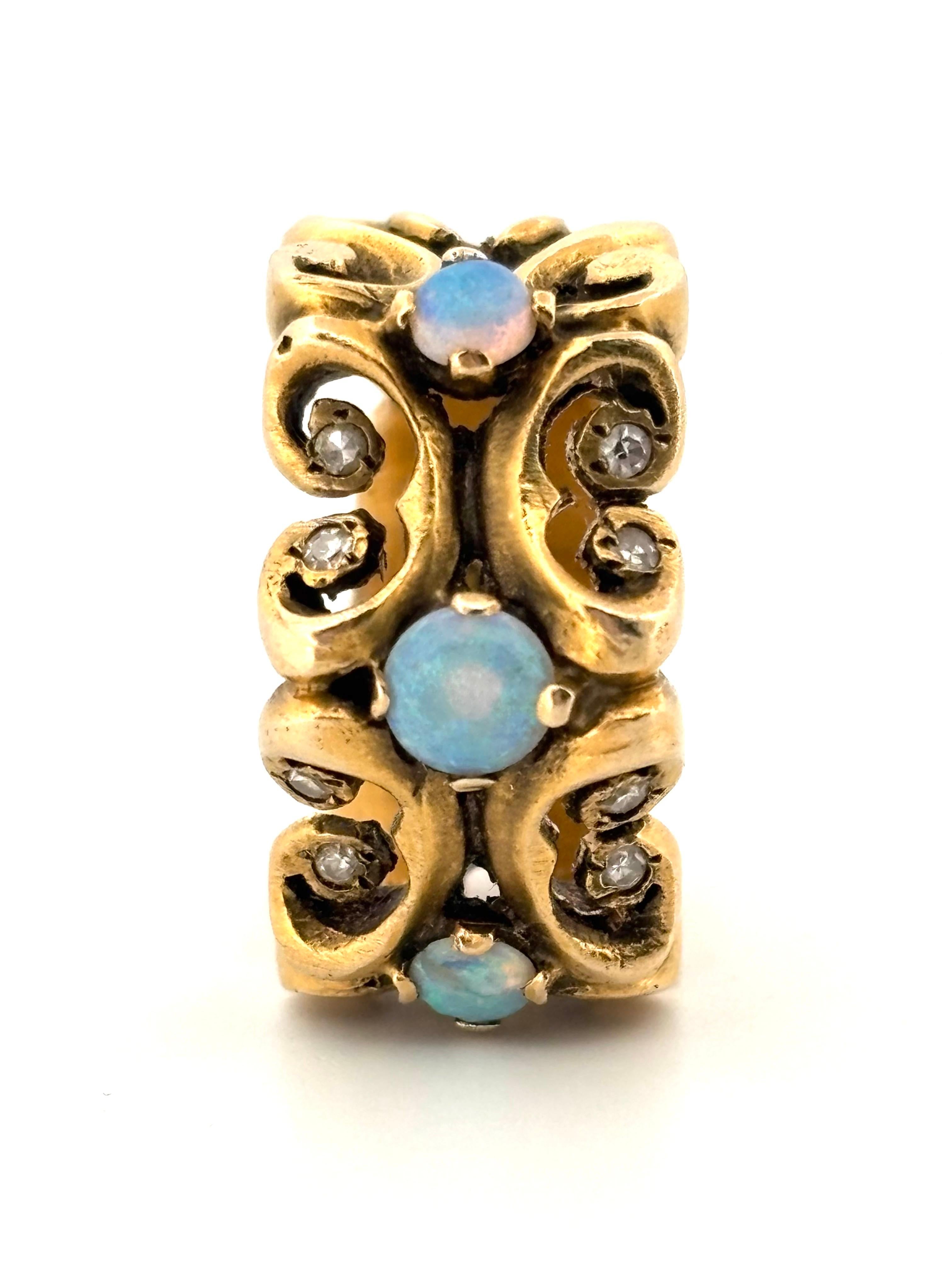 Bague en or jaune 14K à large bande d'opale et de diamants Taille 6.75 en vente 2