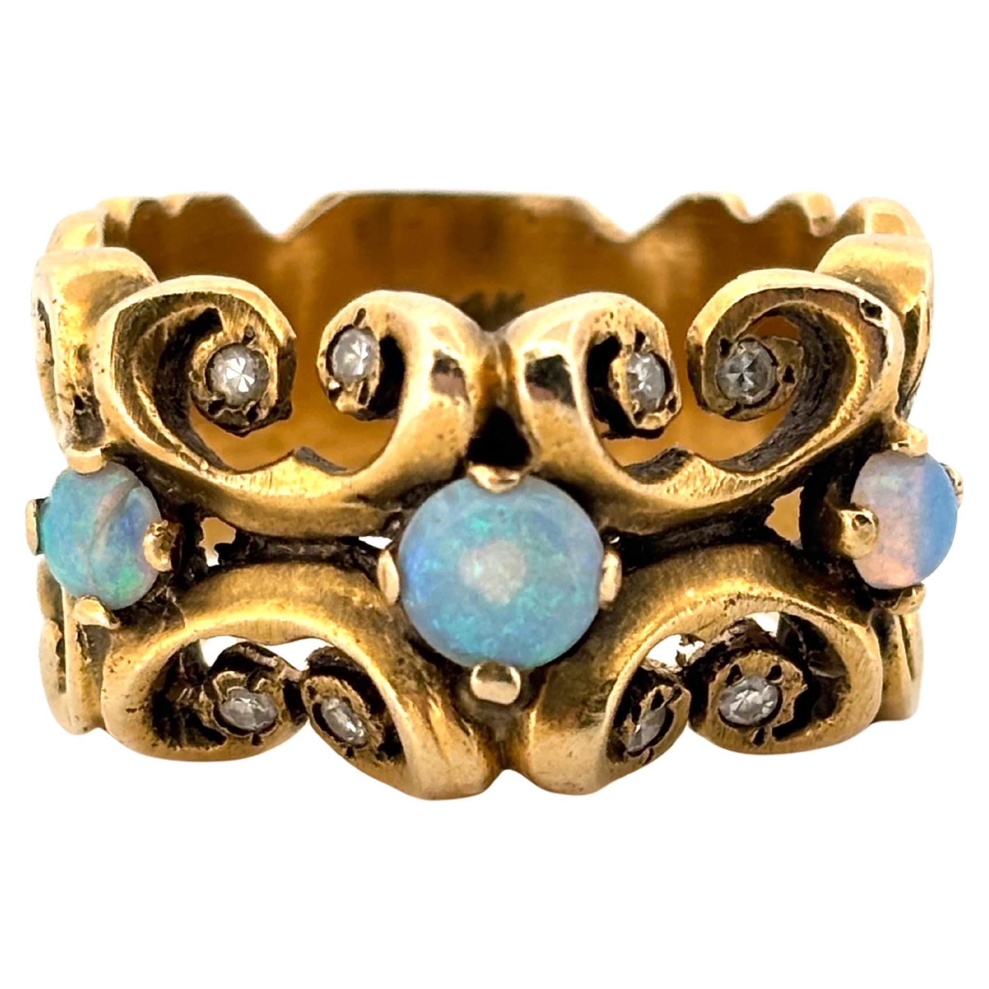 Bague en or jaune 14K à large bande d'opale et de diamants Taille 6.75 en vente