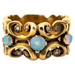 Antique Wide 14K Yellow Gold Antique Wide Opal & Diamond Band Ring Size 6.75