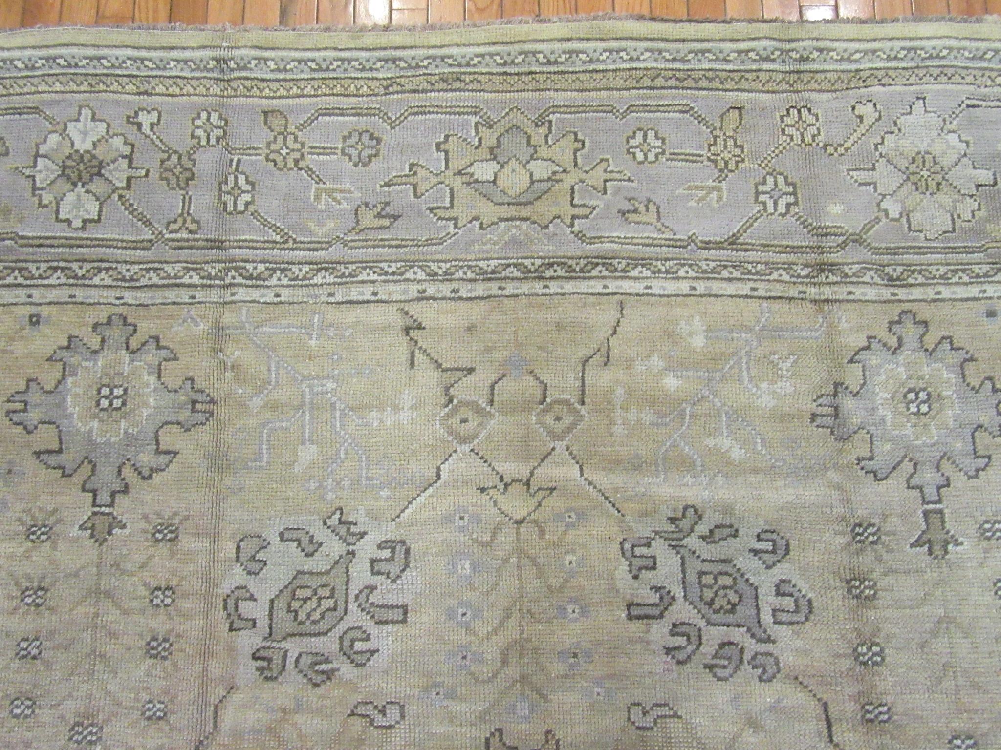 Antique Wide And Long Hand Knotted Wool Turkish Oushak Rug For Sale 5