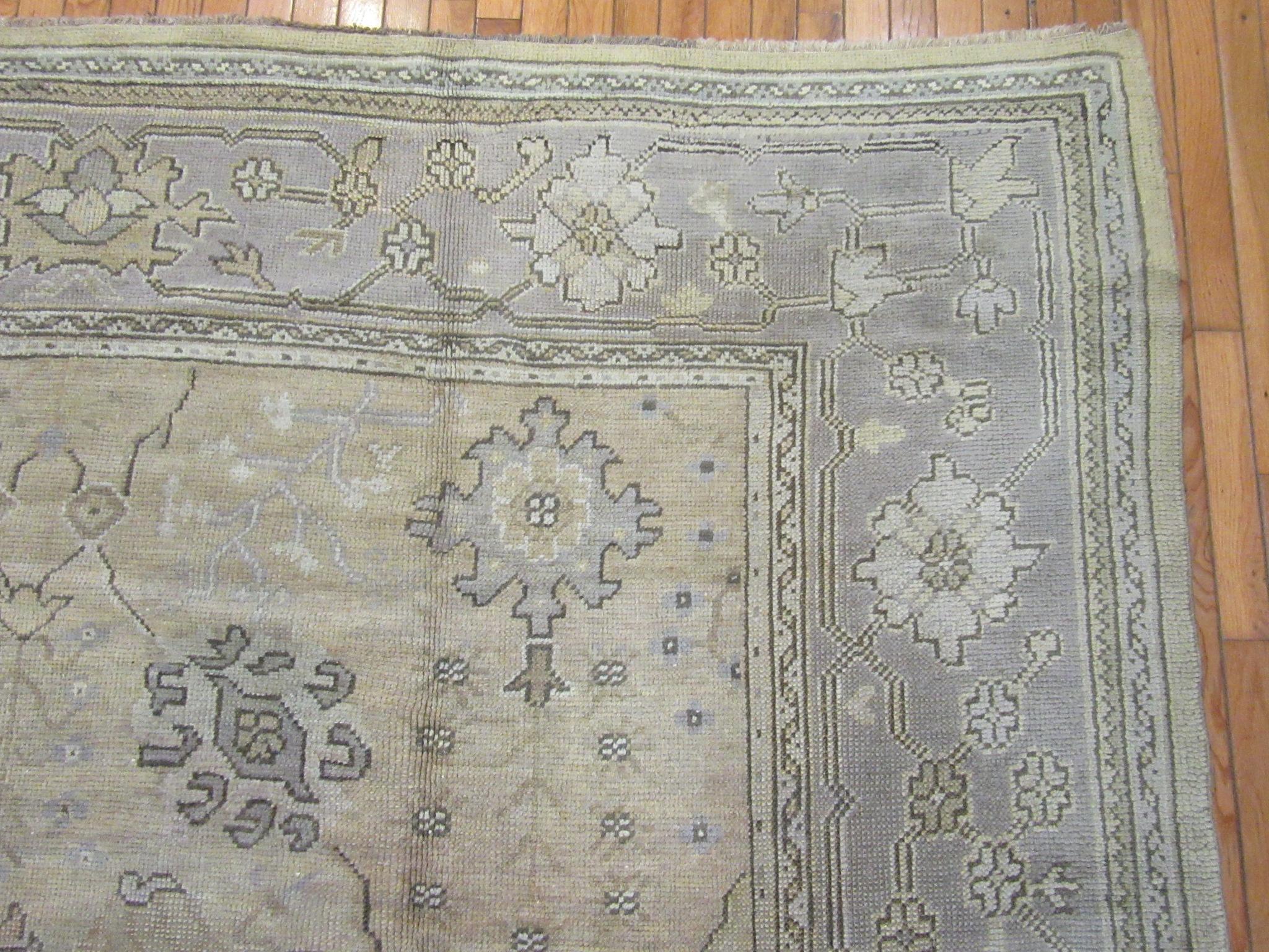 Antique Wide And Long Hand Knotted Wool Turkish Oushak Rug For Sale 4