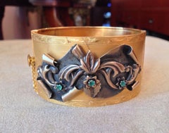 Antique Wide Gold Bangle Bracelet in 12K Yellow Gold with Emeralds