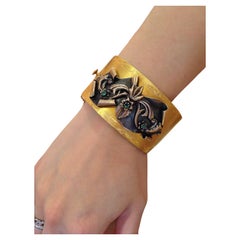 Antique Wide Gold Bangle Bracelet in 12K Yellow Gold with Emeralds