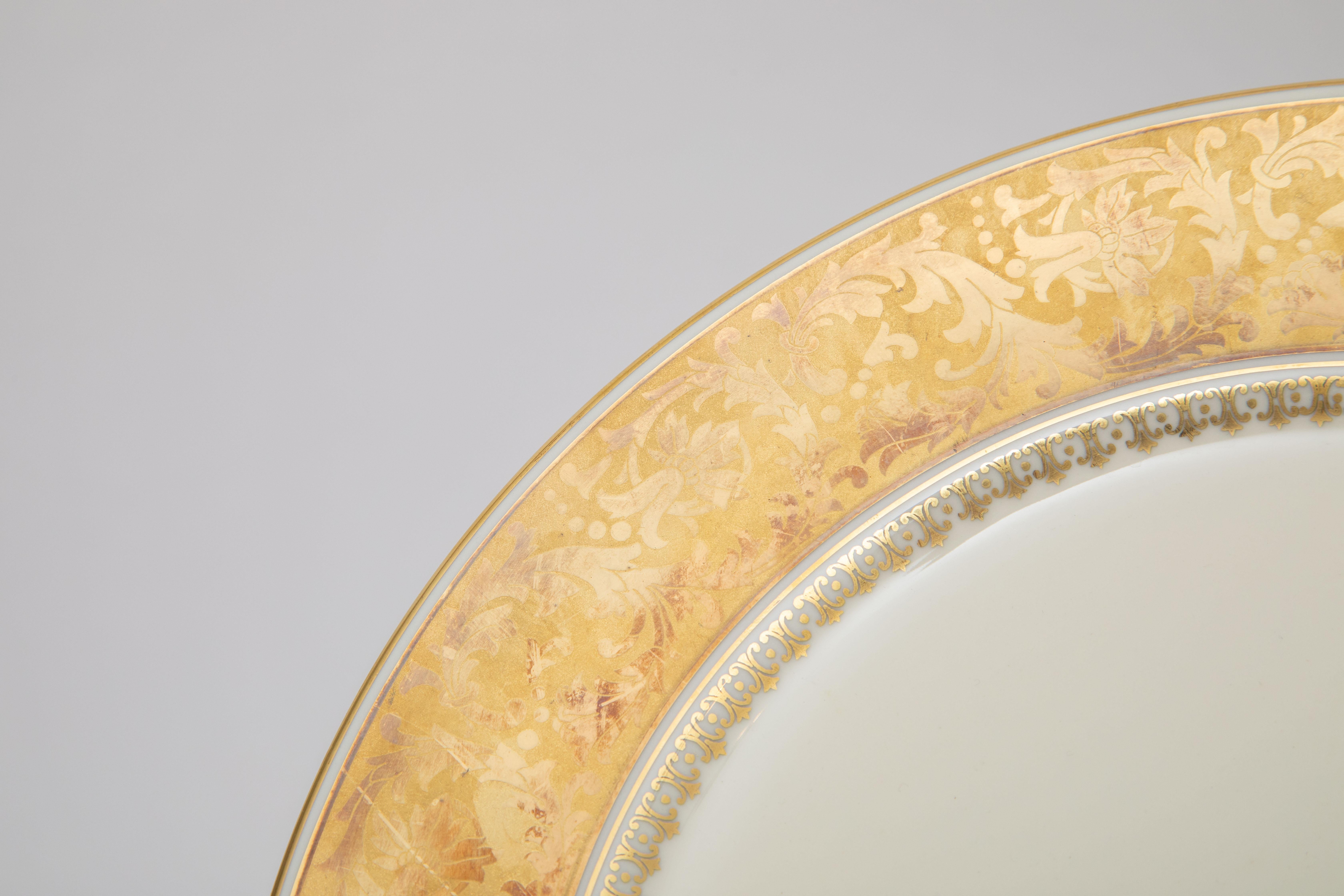 Hand-Crafted Antique Wide Gold Trim Dinner Service with 22 Dinner Plates, 56 Pieces Total For Sale