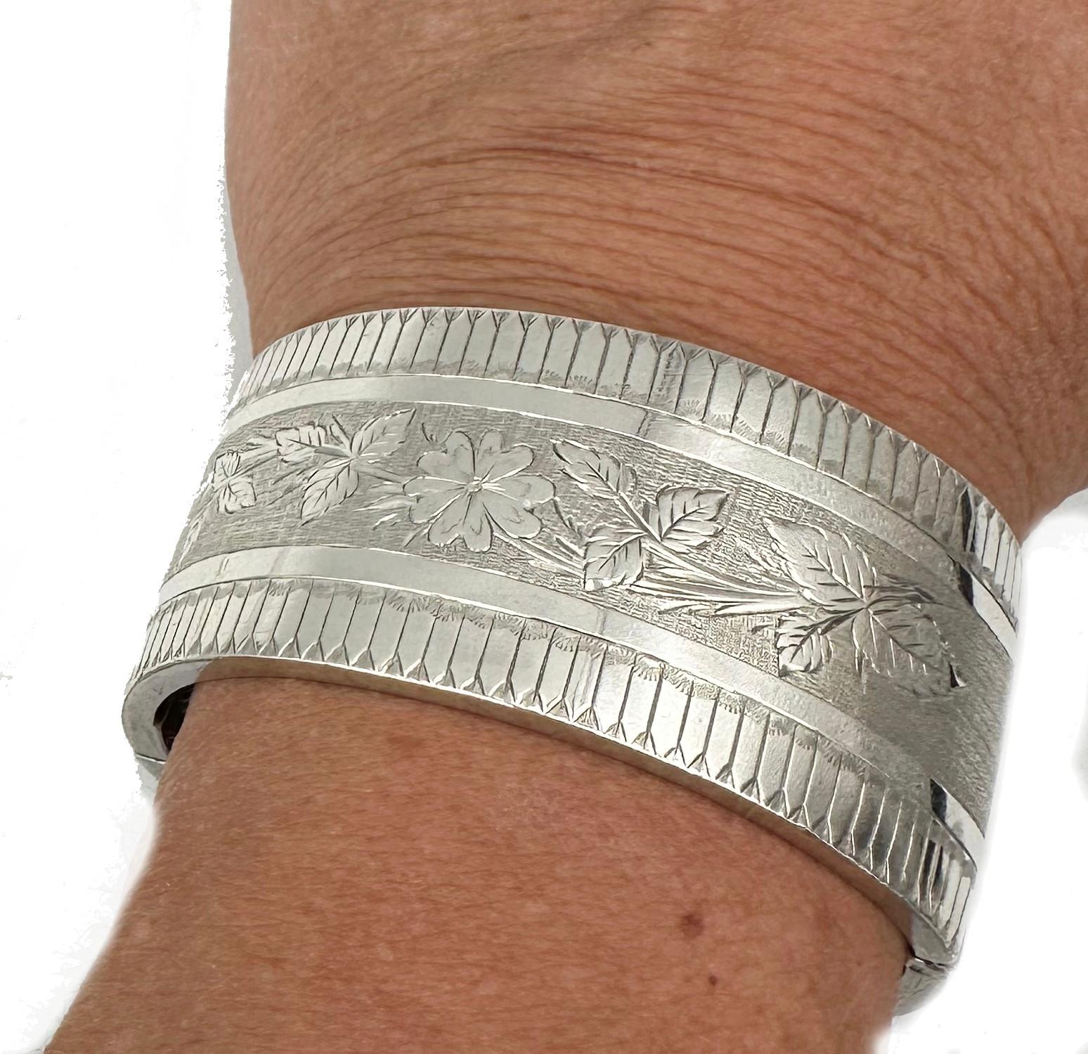  Antique Wide Victorian Silver Geometric Floral Bangle Cuff Bracelet  2