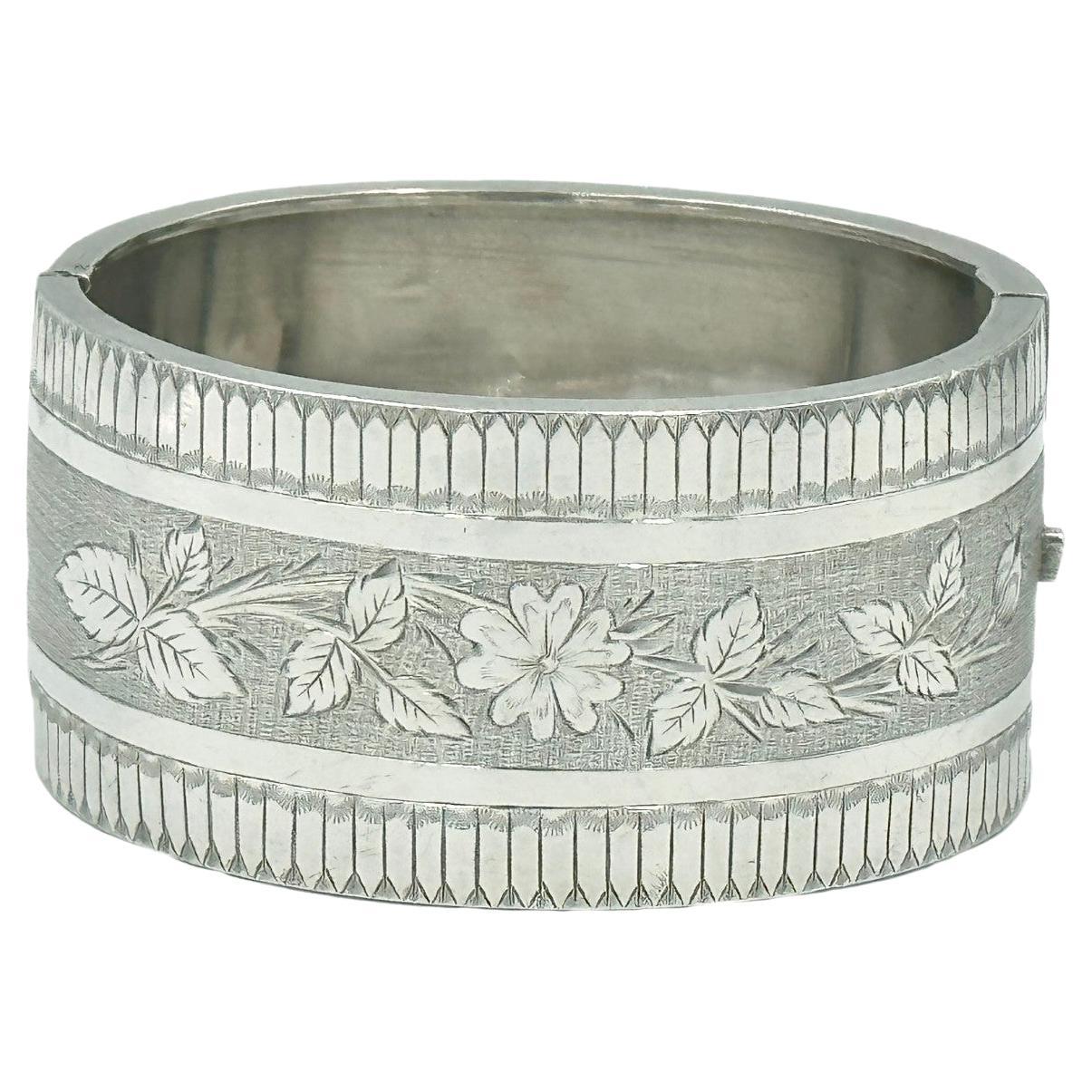  Antique Wide Victorian Silver Geometric Floral Bangle Cuff Bracelet 