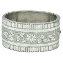  Antique Large Victorian Silver Geometric Floral Bangle Cuff Bracelet 