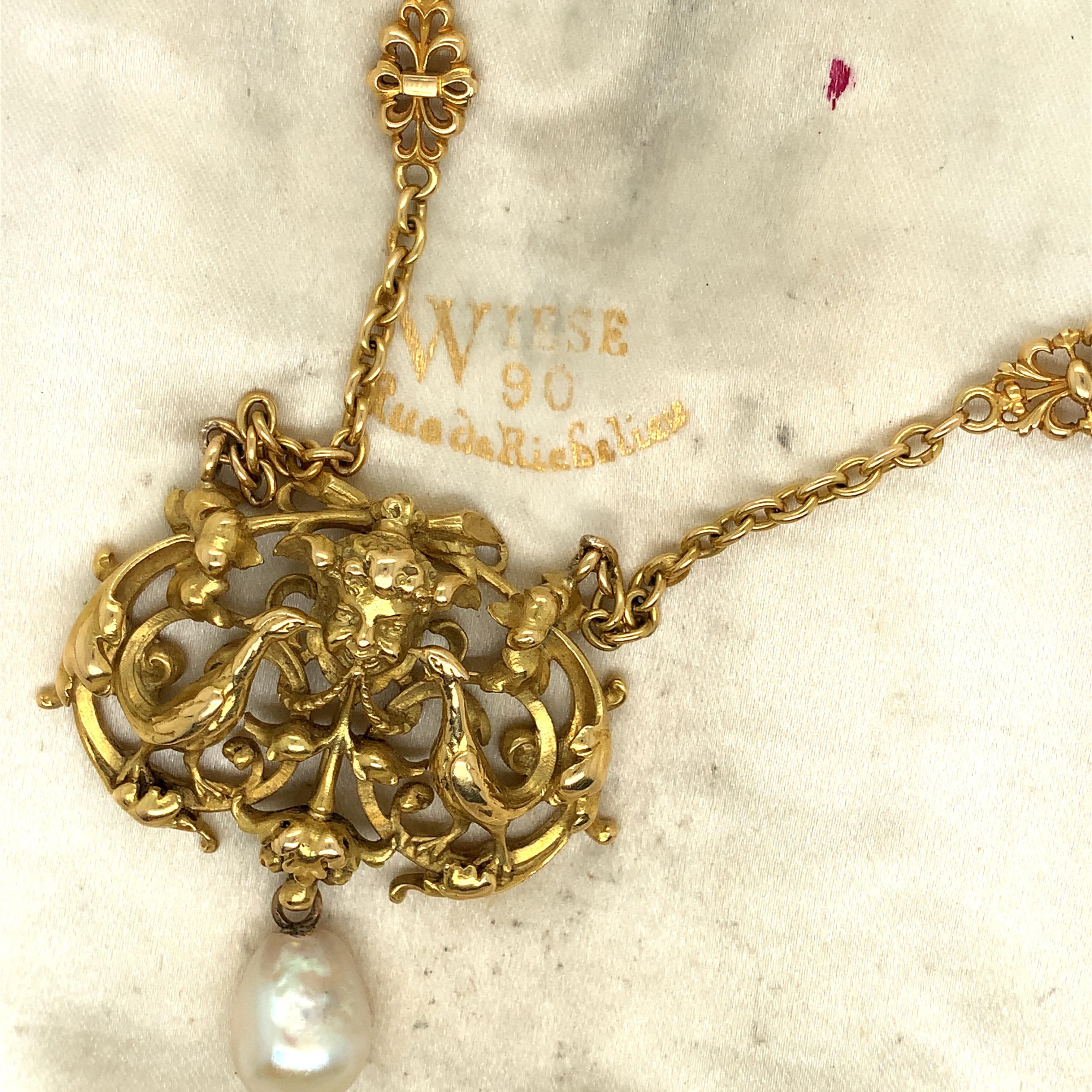 Antique Wiese Gold Pearl Necklace For Sale 6