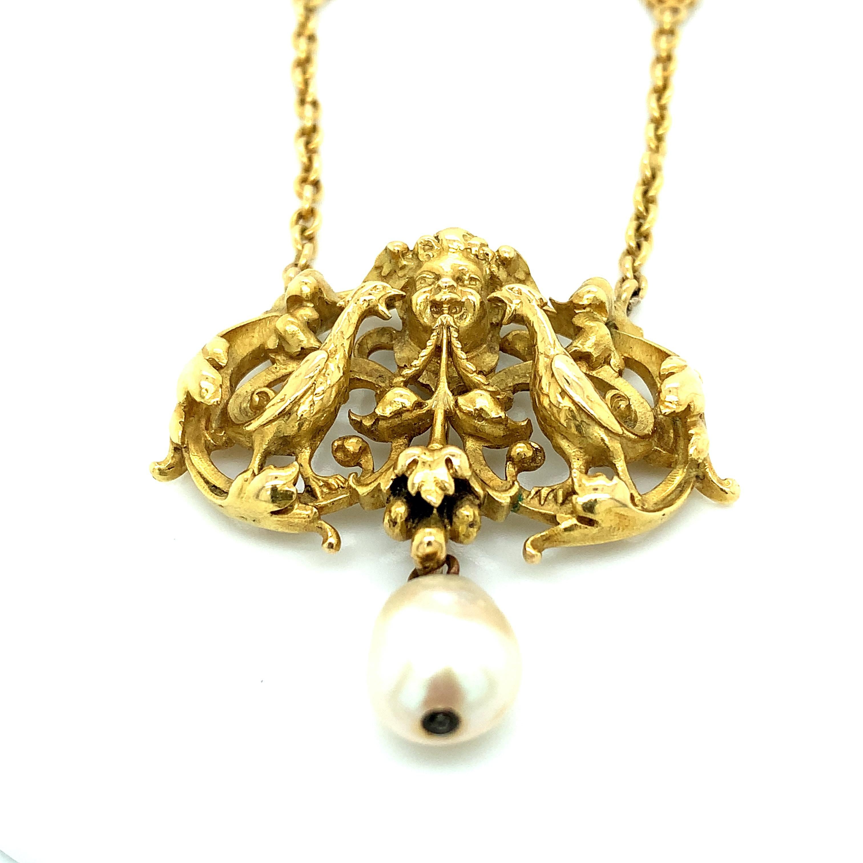 Antique Wiese Gold Pearl Necklace In Good Condition For Sale In New York, NY