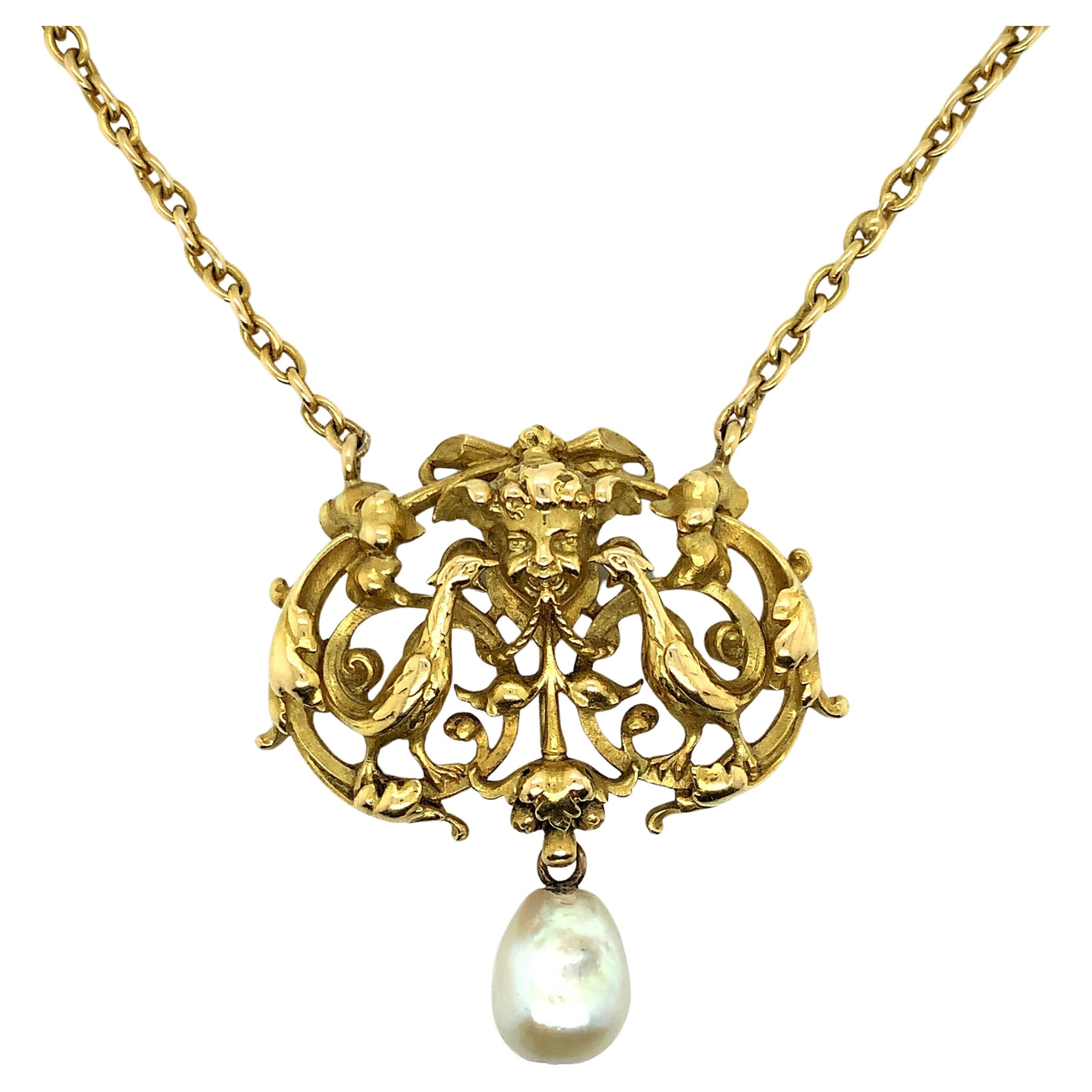 Antique Wiese Gold Pearl Necklace For Sale