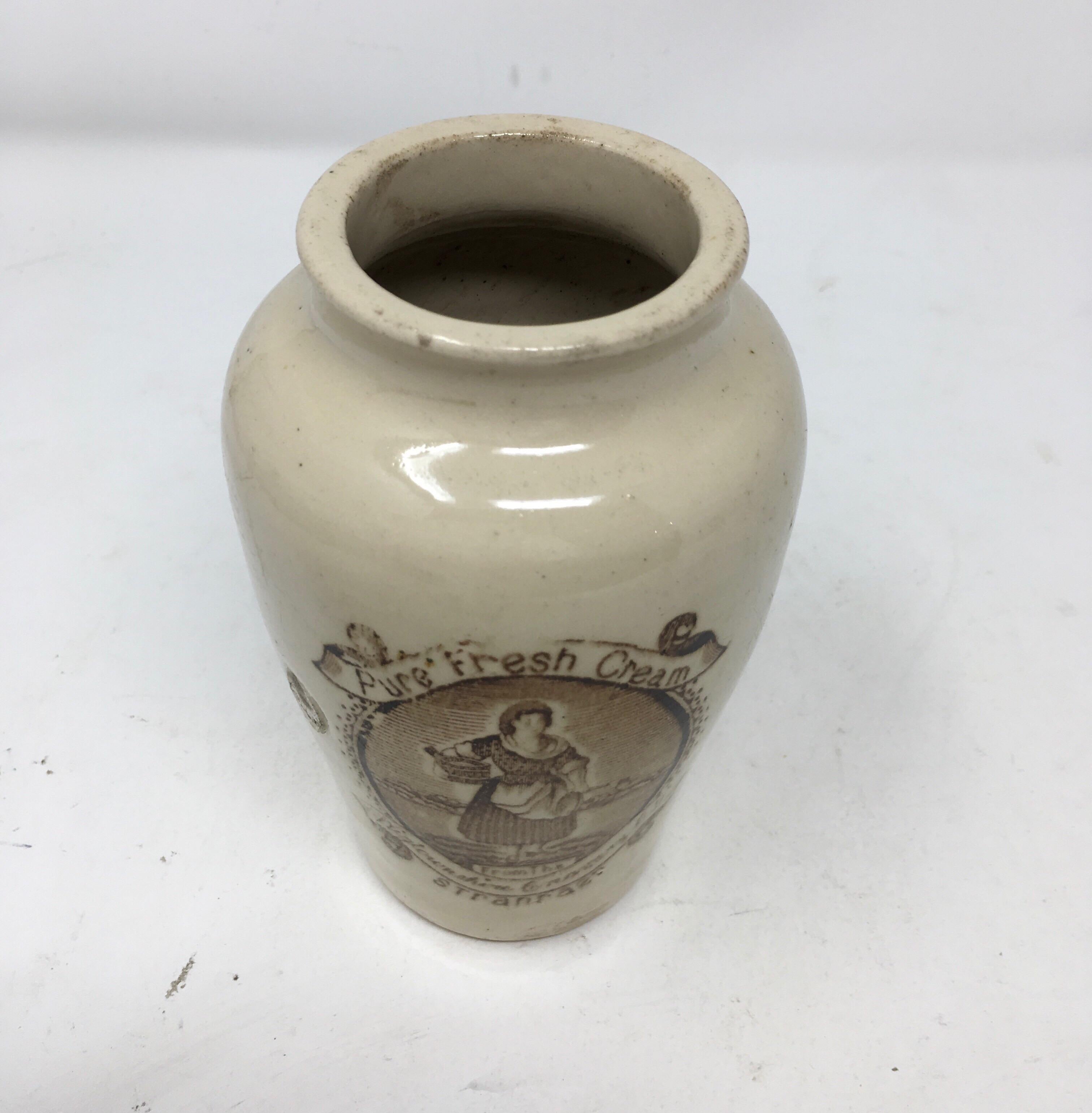 Antique Wigtownshire Creamery Co Stranraer Stoneware Transferware Pot In Good Condition In Houston, TX