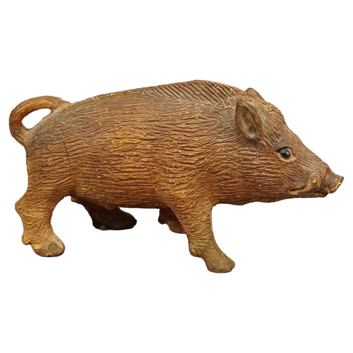 Antique Wild Boar Piggy Bank Made of Clay For Sale