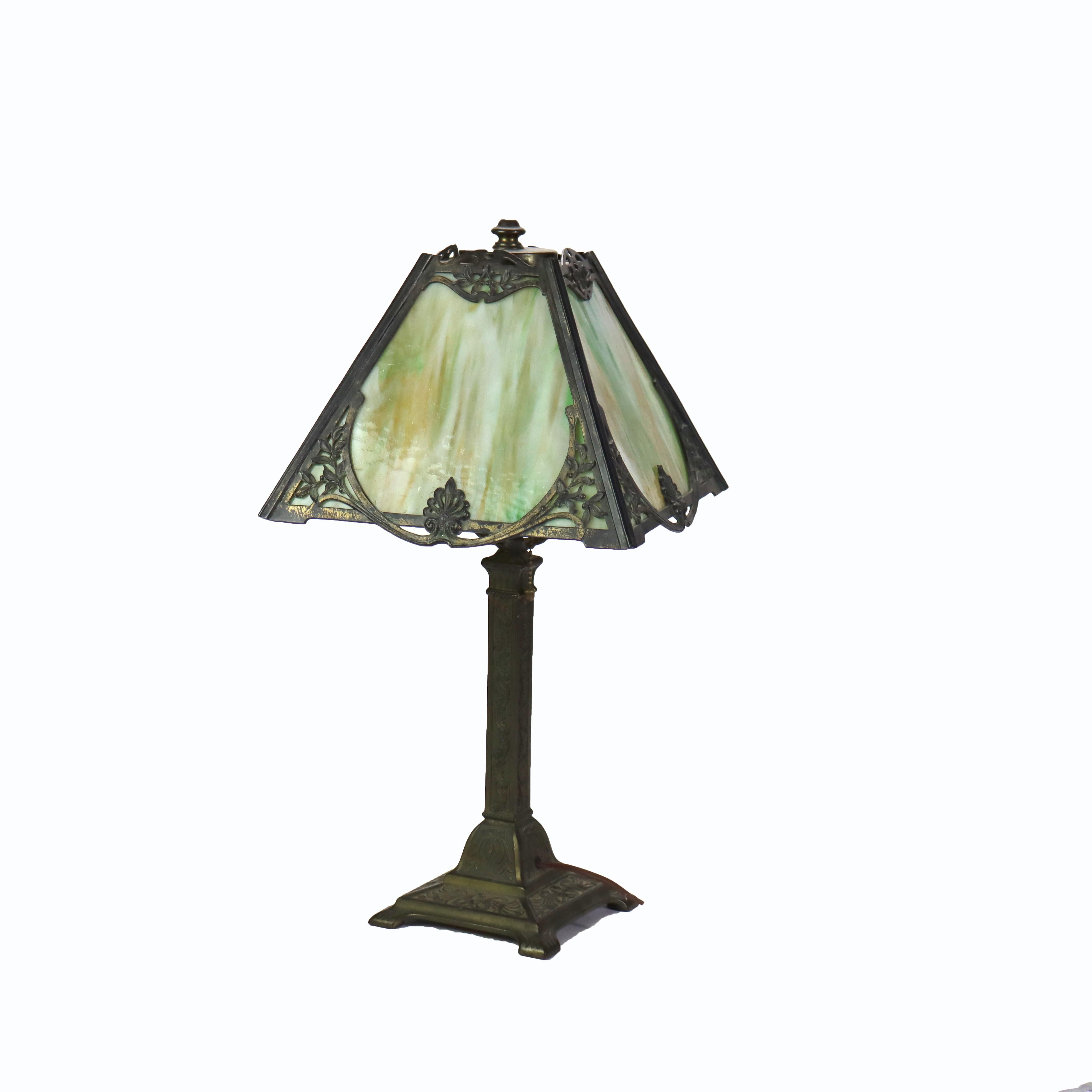 Antique Wilkinson Arts & Crafts 4 Panel Slag Glass Table Lamp Unsigned For Sale 4