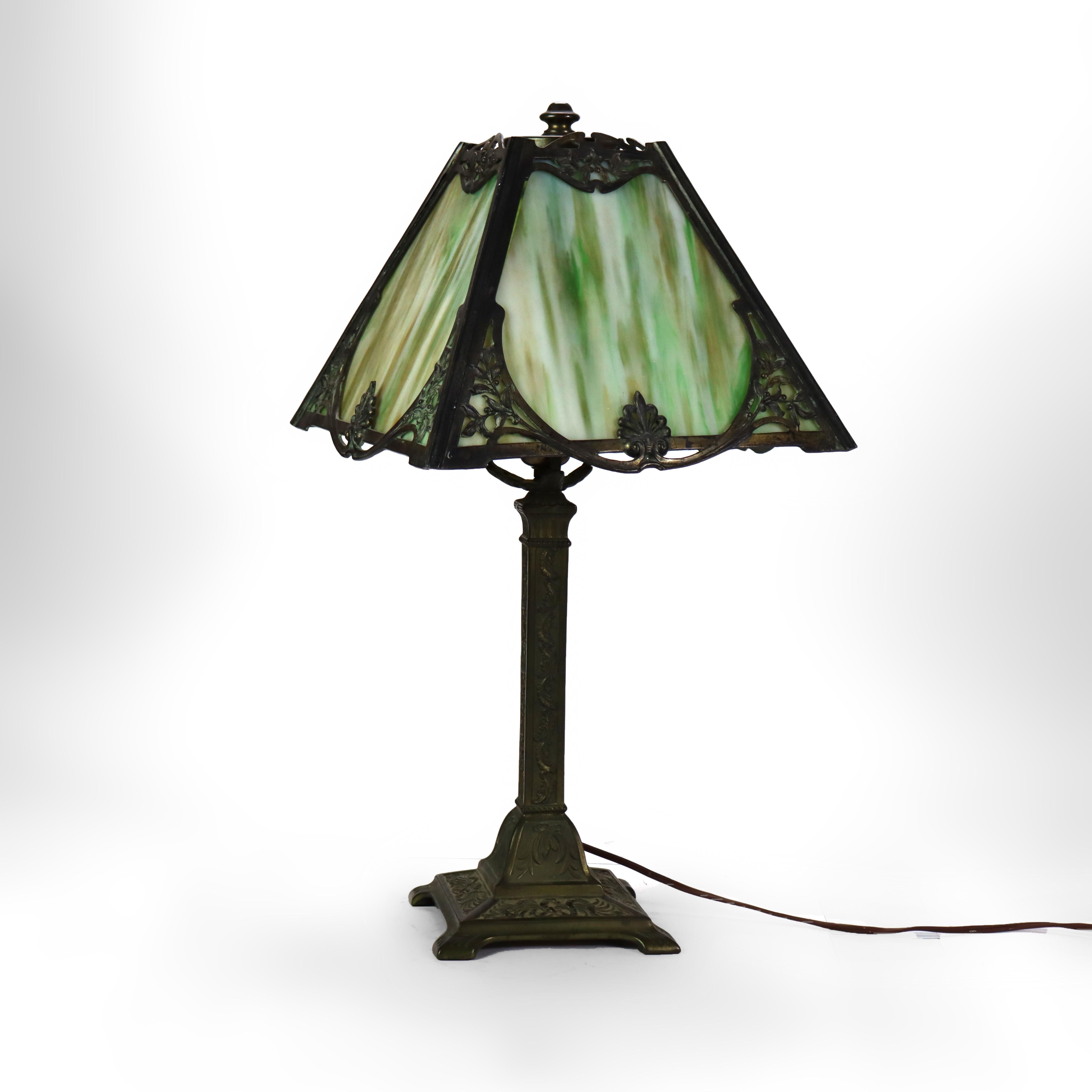 Antique Wilkinson Arts & Crafts 4 Panel Slag Glass Table Lamp Unsigned C1920 (22 1/8