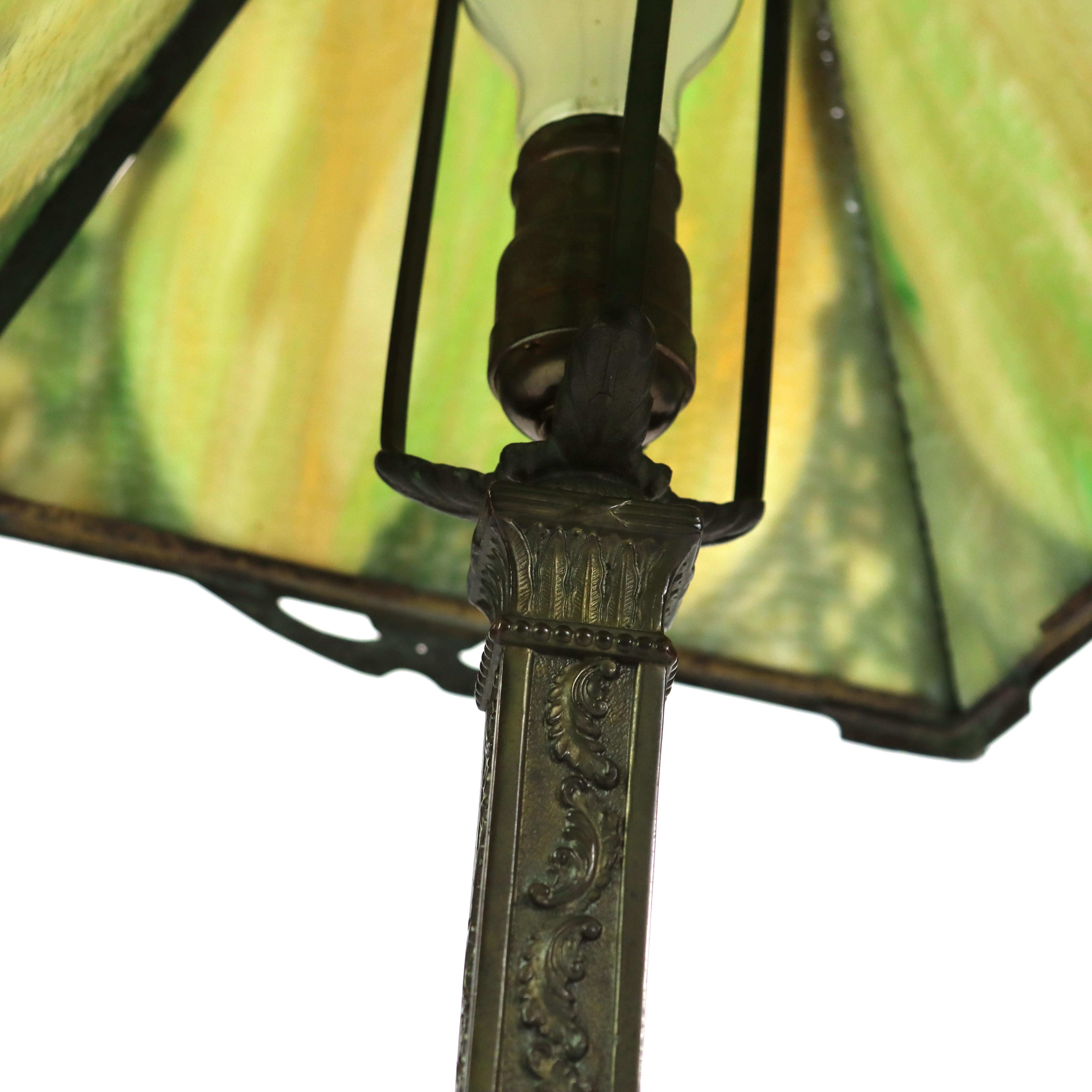 Antique Wilkinson Arts & Crafts 4 Panel Slag Glass Table Lamp Unsigned For Sale 1