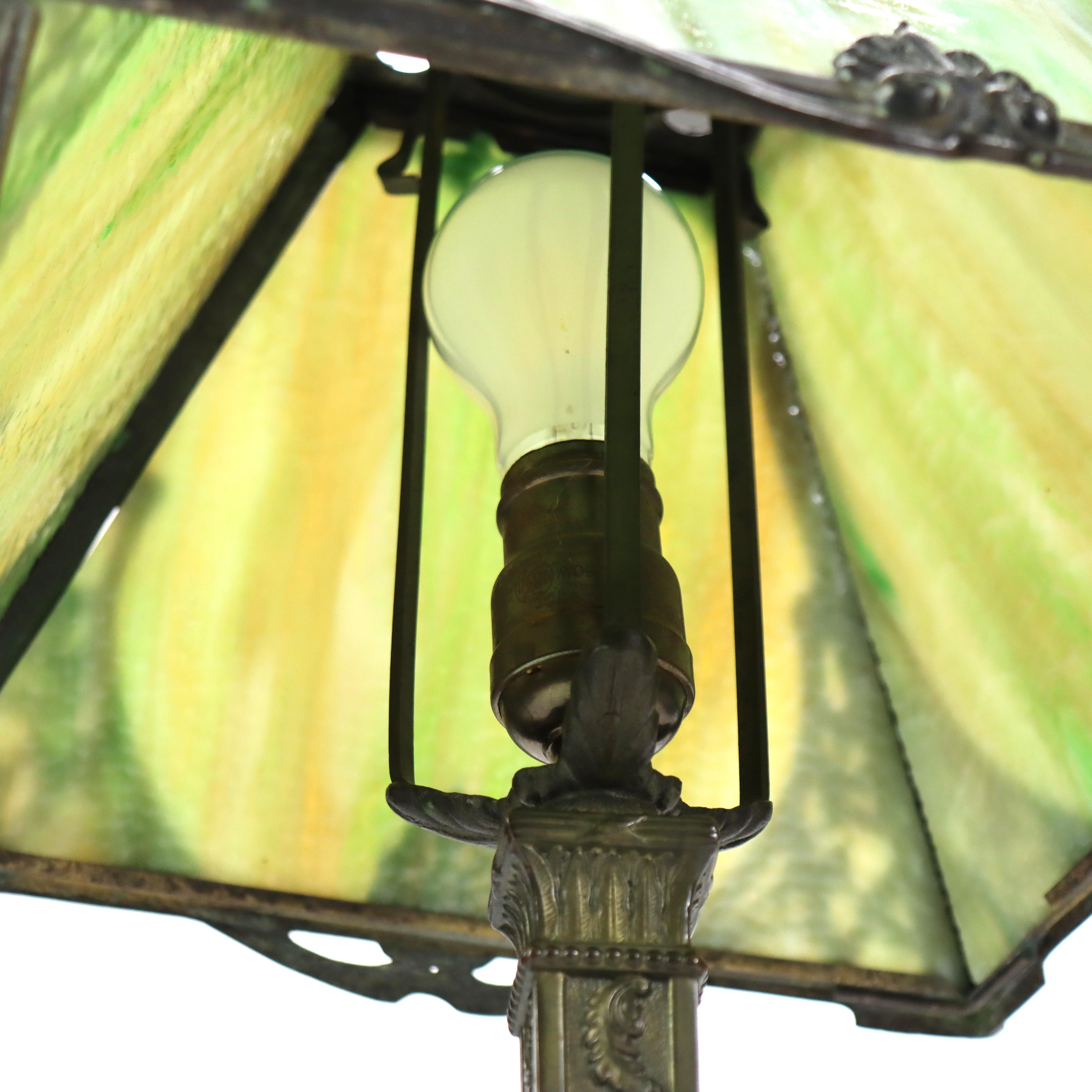 Antique Wilkinson Arts & Crafts 4 Panel Slag Glass Table Lamp Unsigned For Sale 2