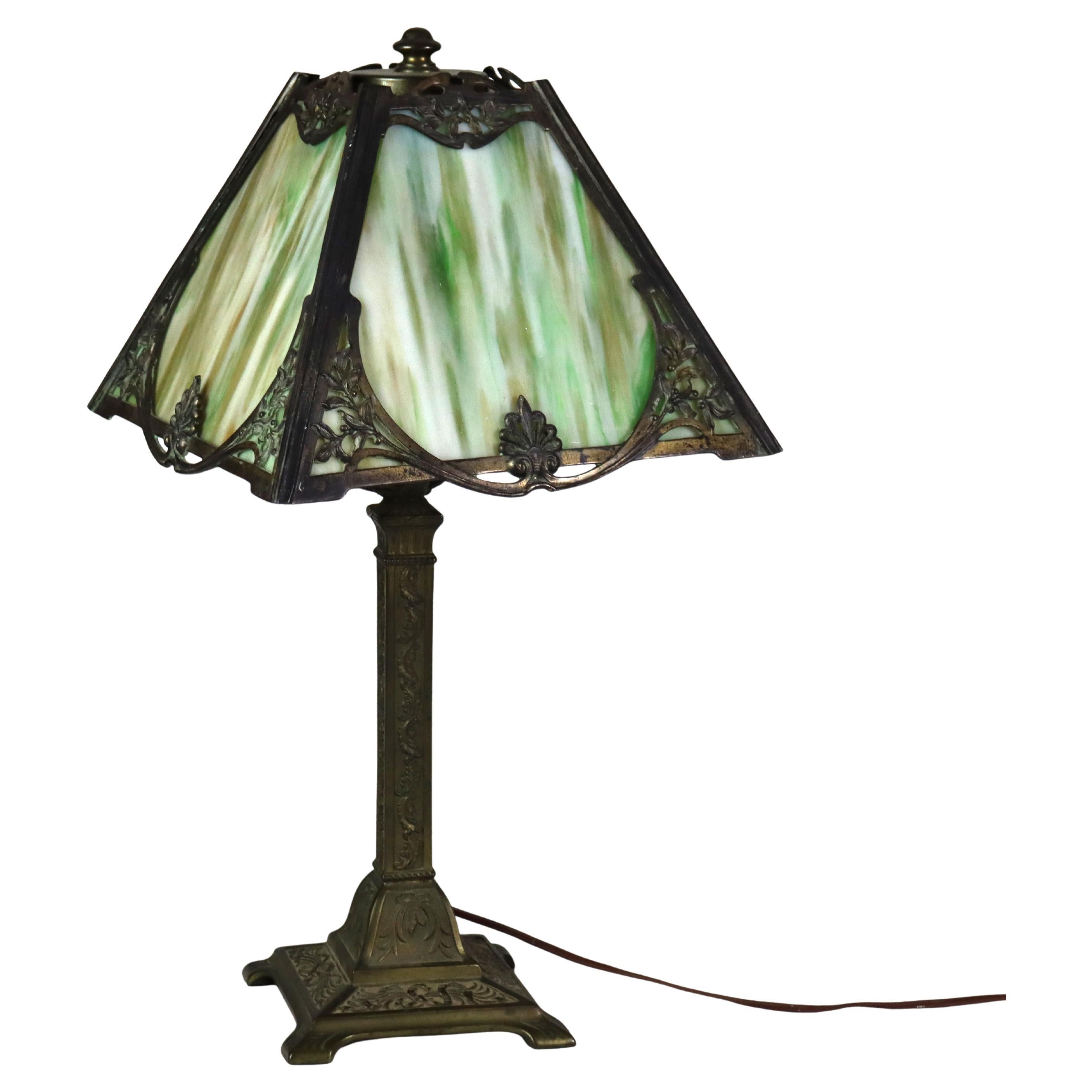 Antique Wilkinson Arts & Crafts 4 Panel Slag Glass Table Lamp Unsigned For Sale