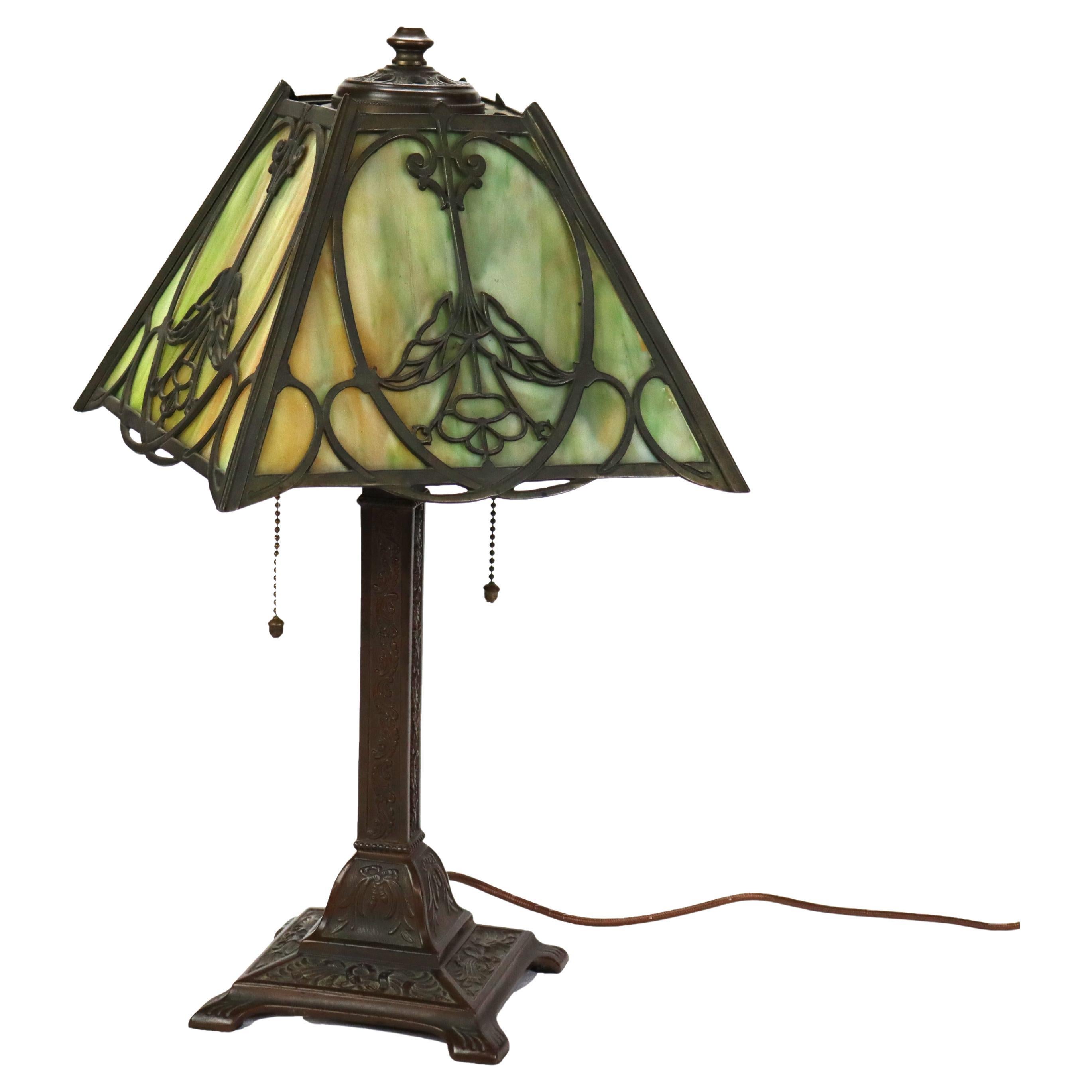 Antique Wilkinson Arts & Crafts Four-Panel Slag Glass Table Lamp c1920