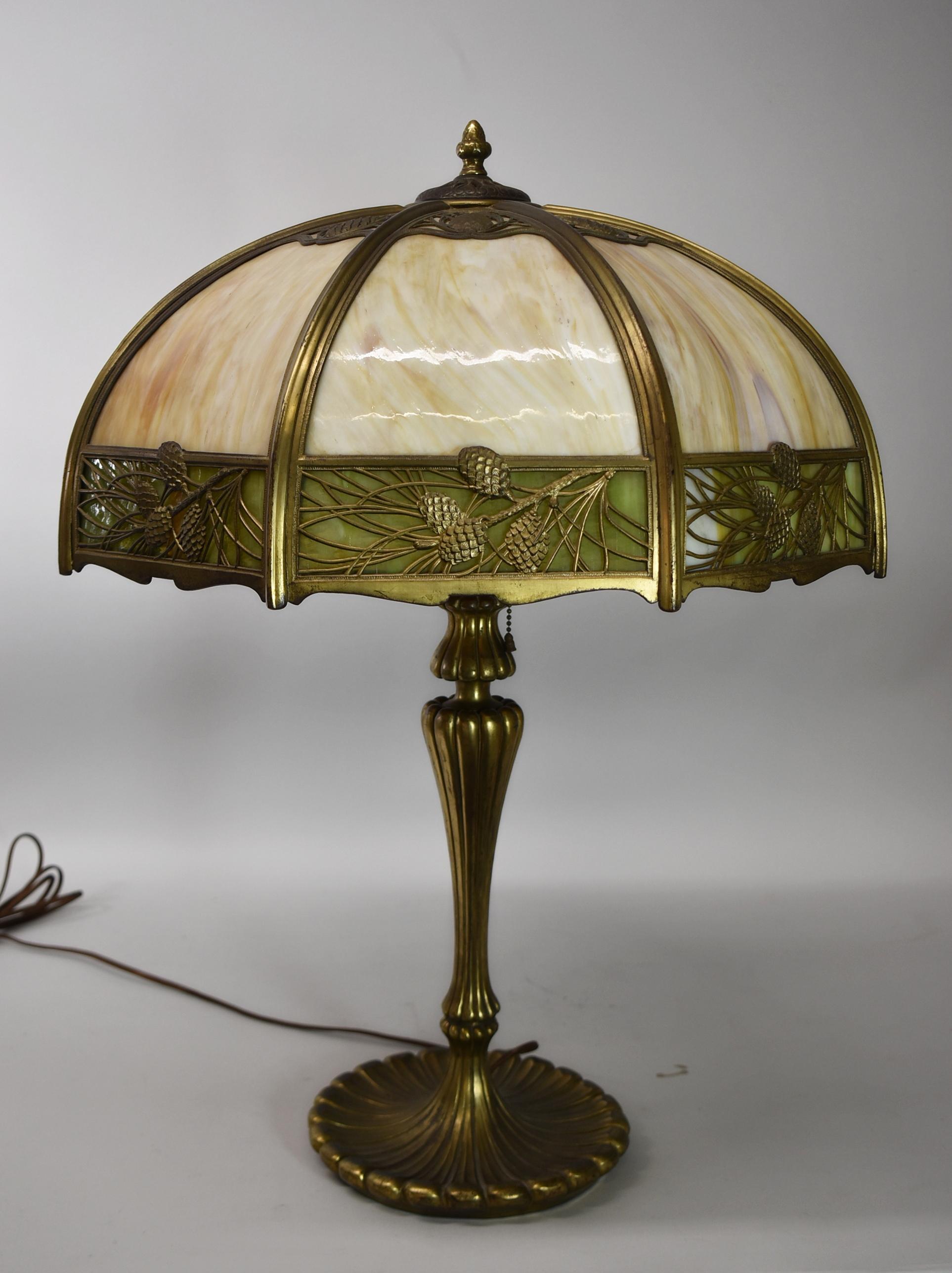 Antique Arts & Crafts pine cone panel table lamp. All original dense caramel glass. Green granite back border glass. 28