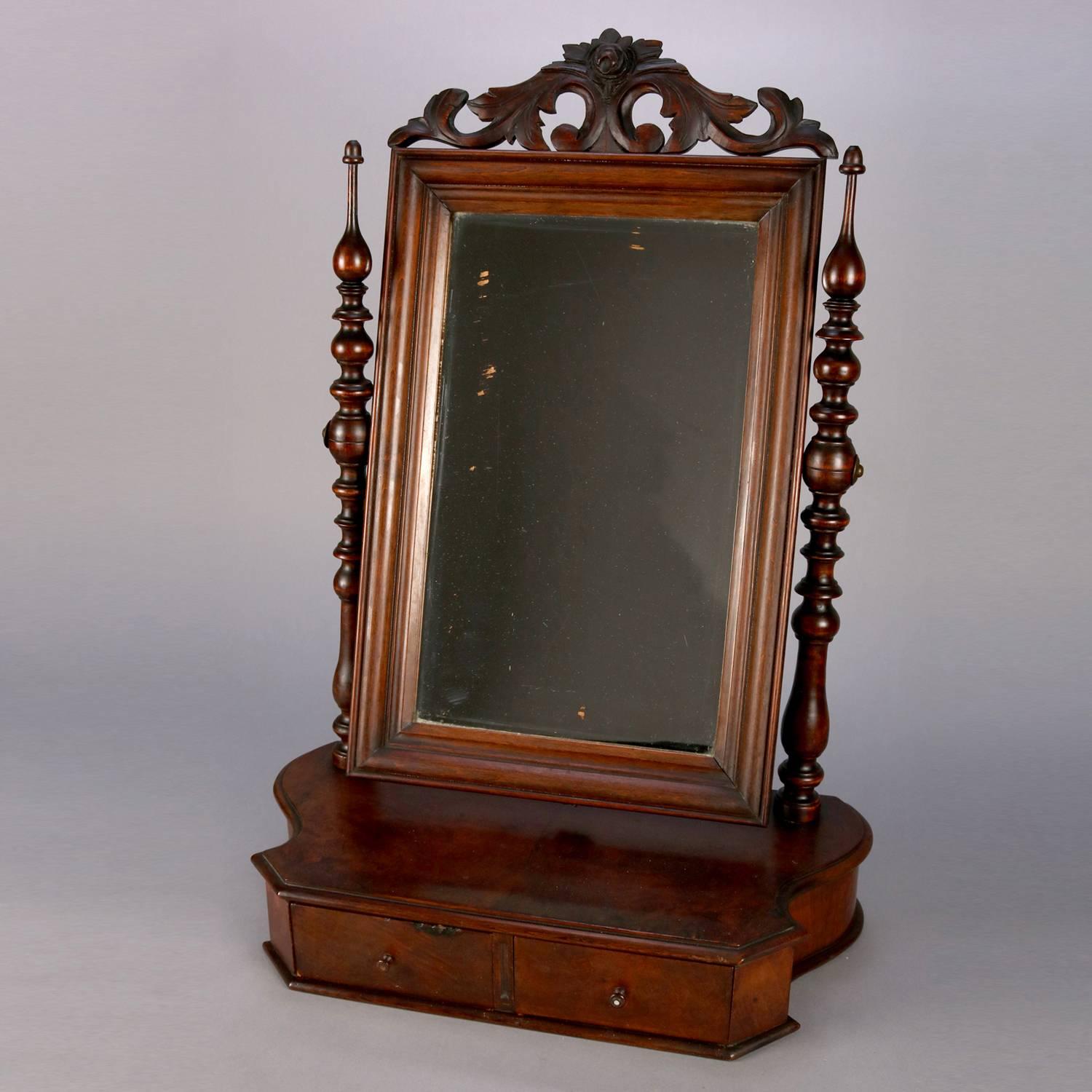 Antique William and Mary School Carved Mahogany Two-Drawer Shaving Mirror In Good Condition In Big Flats, NY