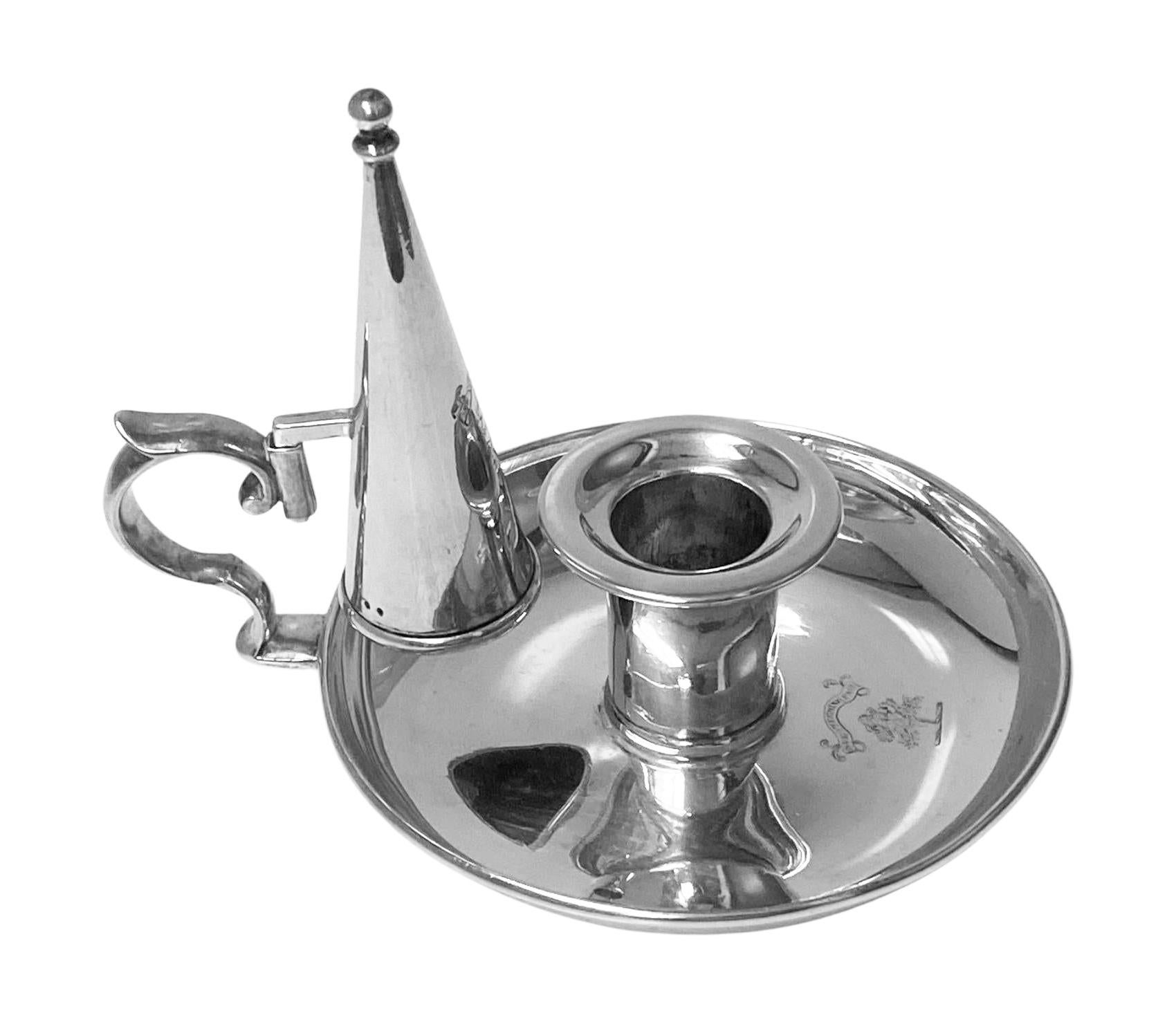 Antique William IV silver Chamberstick and Snuffer, London 1834 by George Burrows and Richard Pearce. The Chamberstick of plain circular form, welled interior with plain conical snuffer. The chamber stick and snuffer both engraved with the crest of