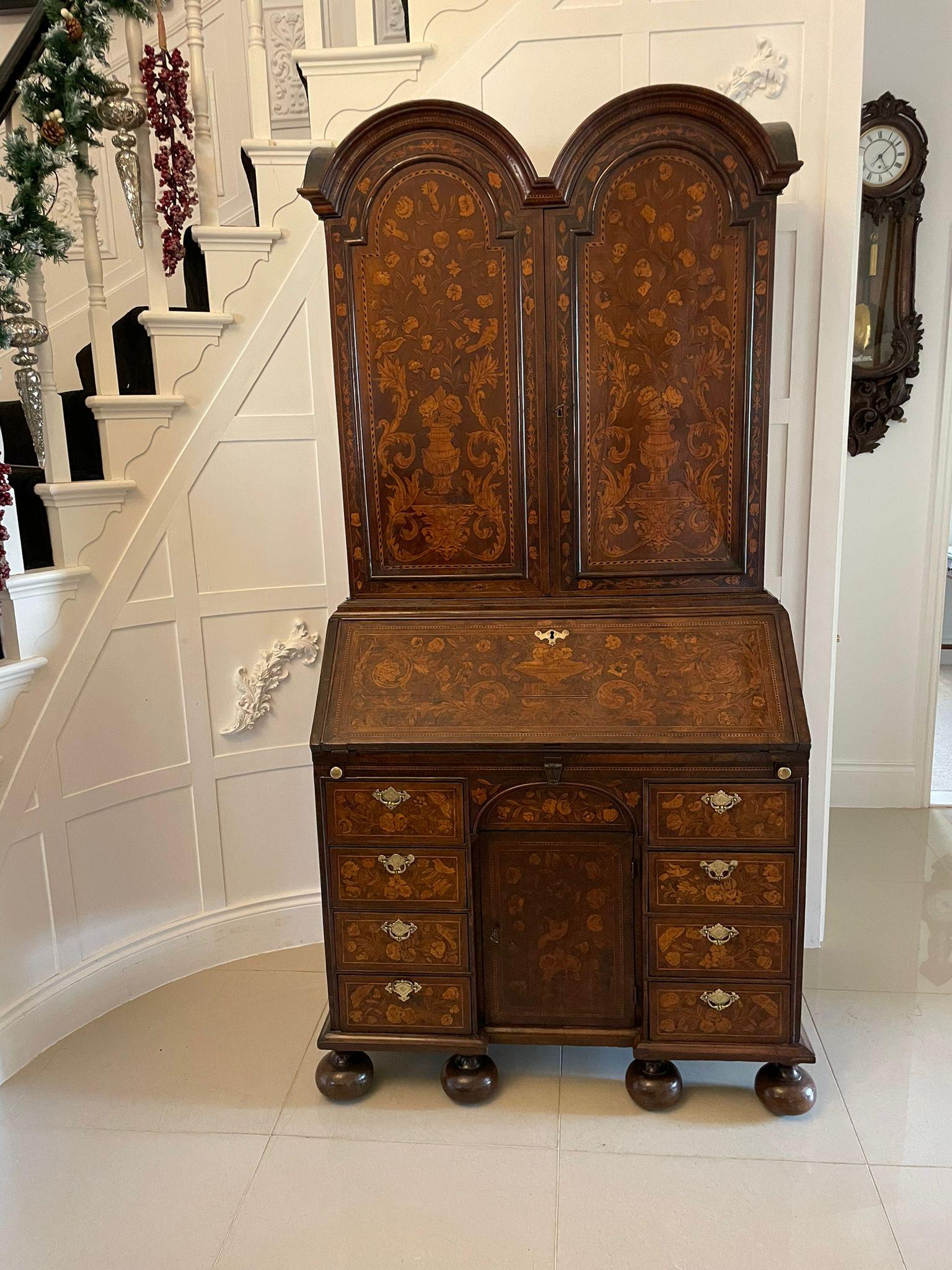Antique William and Mary outstanding quality burr walnut inlaid marquetry double dome bureau bookcase having an outstanding quality double dome shaped top with a moulded cornice above a pair of burr walnut inlaid marquetry doors opening to reveal a