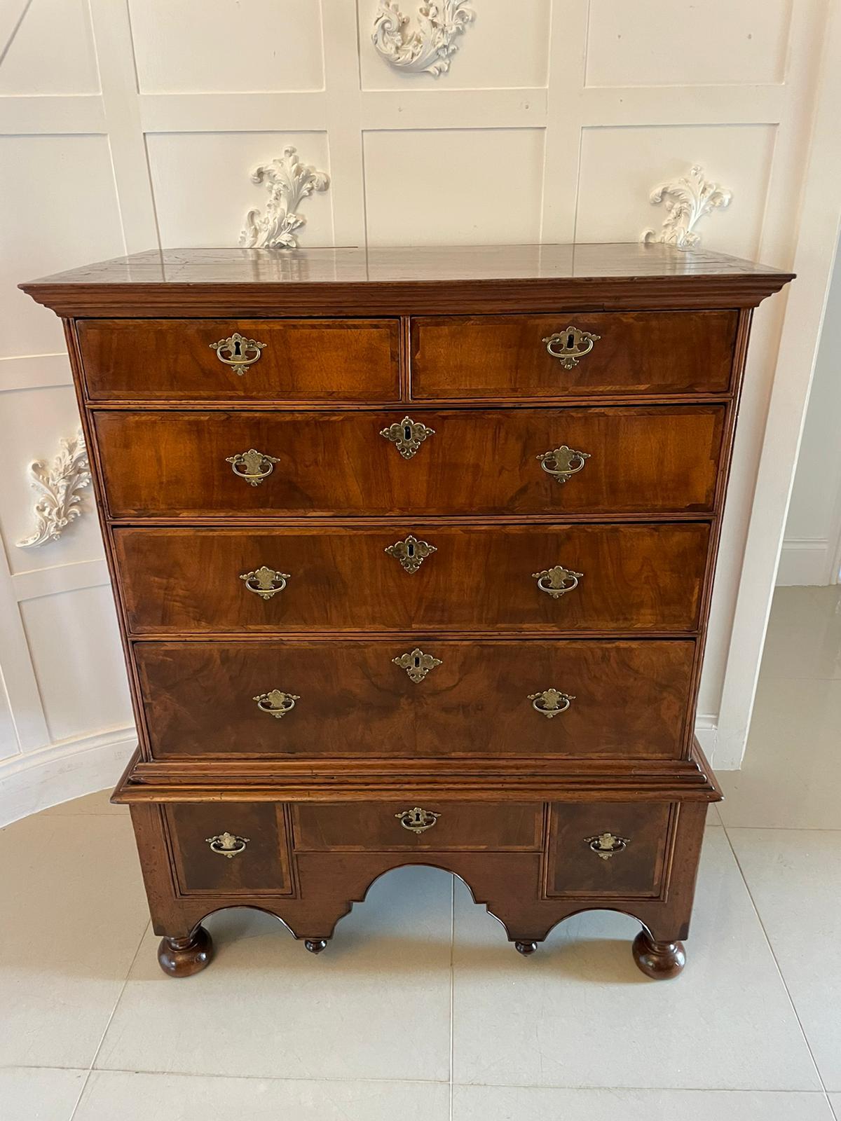 Antique William and Mary Quality Figured Walnut Chest on Stand For Sale 2