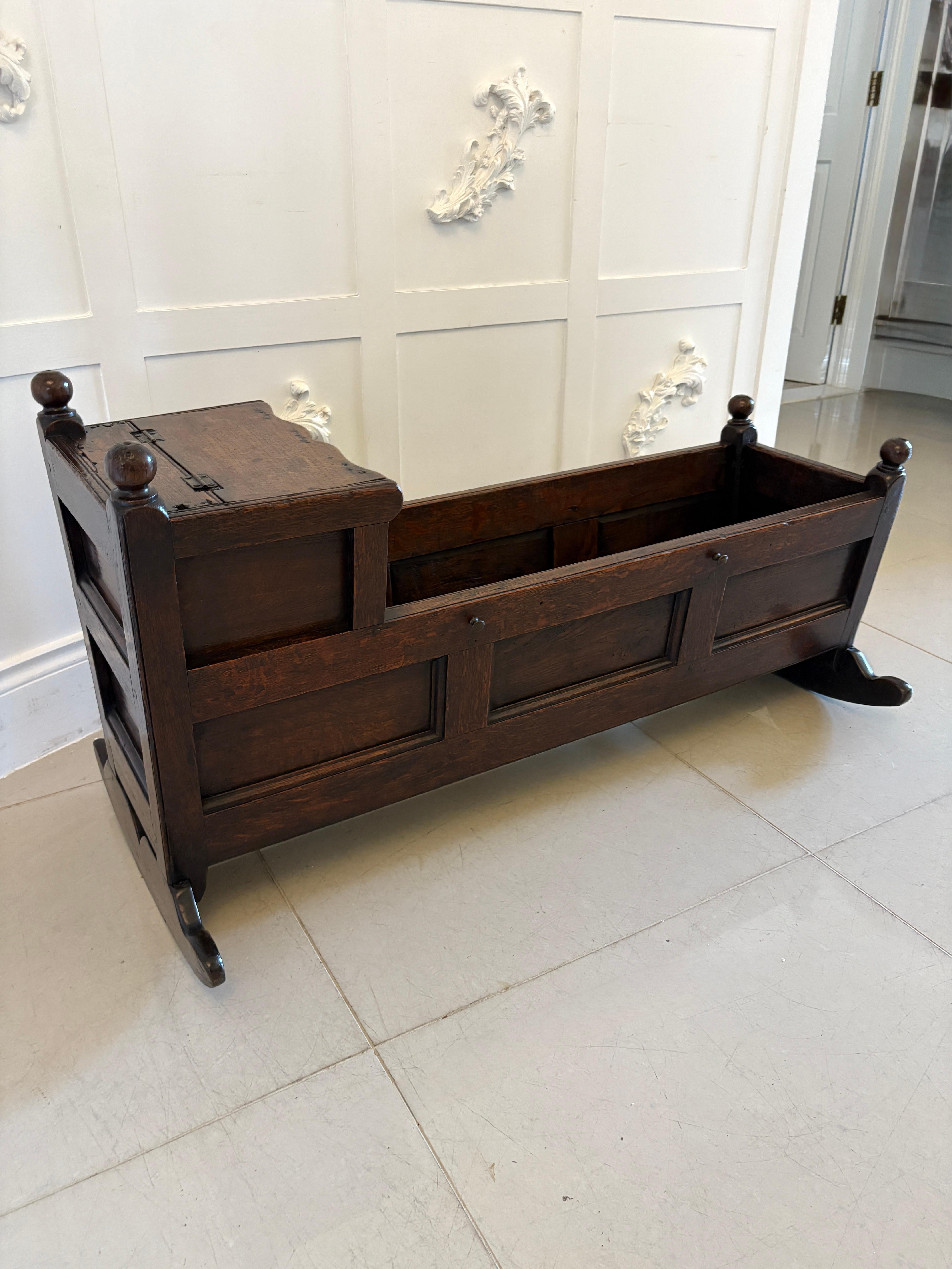 Antique William and Mary Quality Oak Panelled Rocking Crib For Sale 5