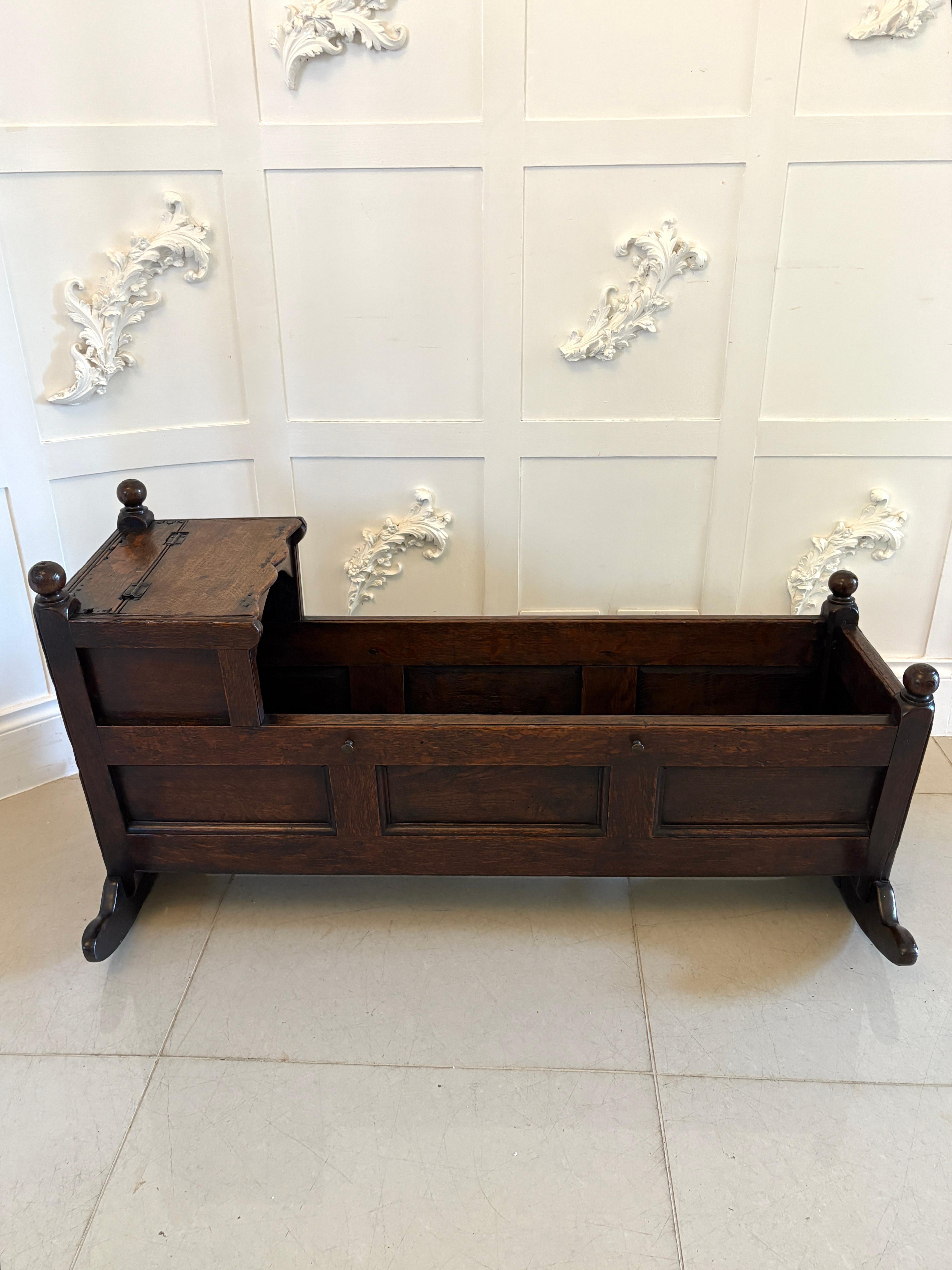 Antique William and Mary Quality Oak Panelled Rocking Crib For Sale 6