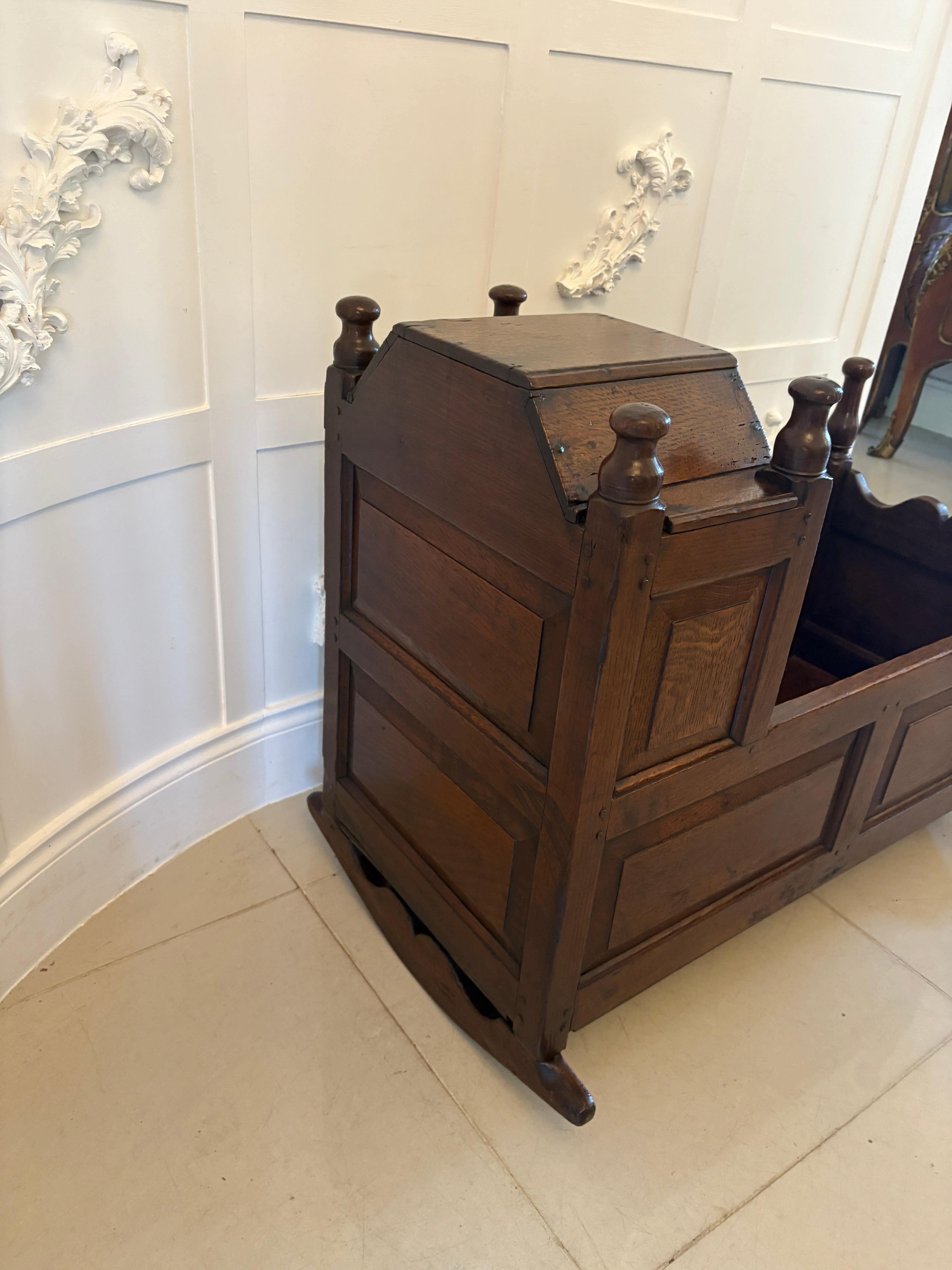 English Antique William and Mary Quality Oak Panelled Rocking Crib For Sale
