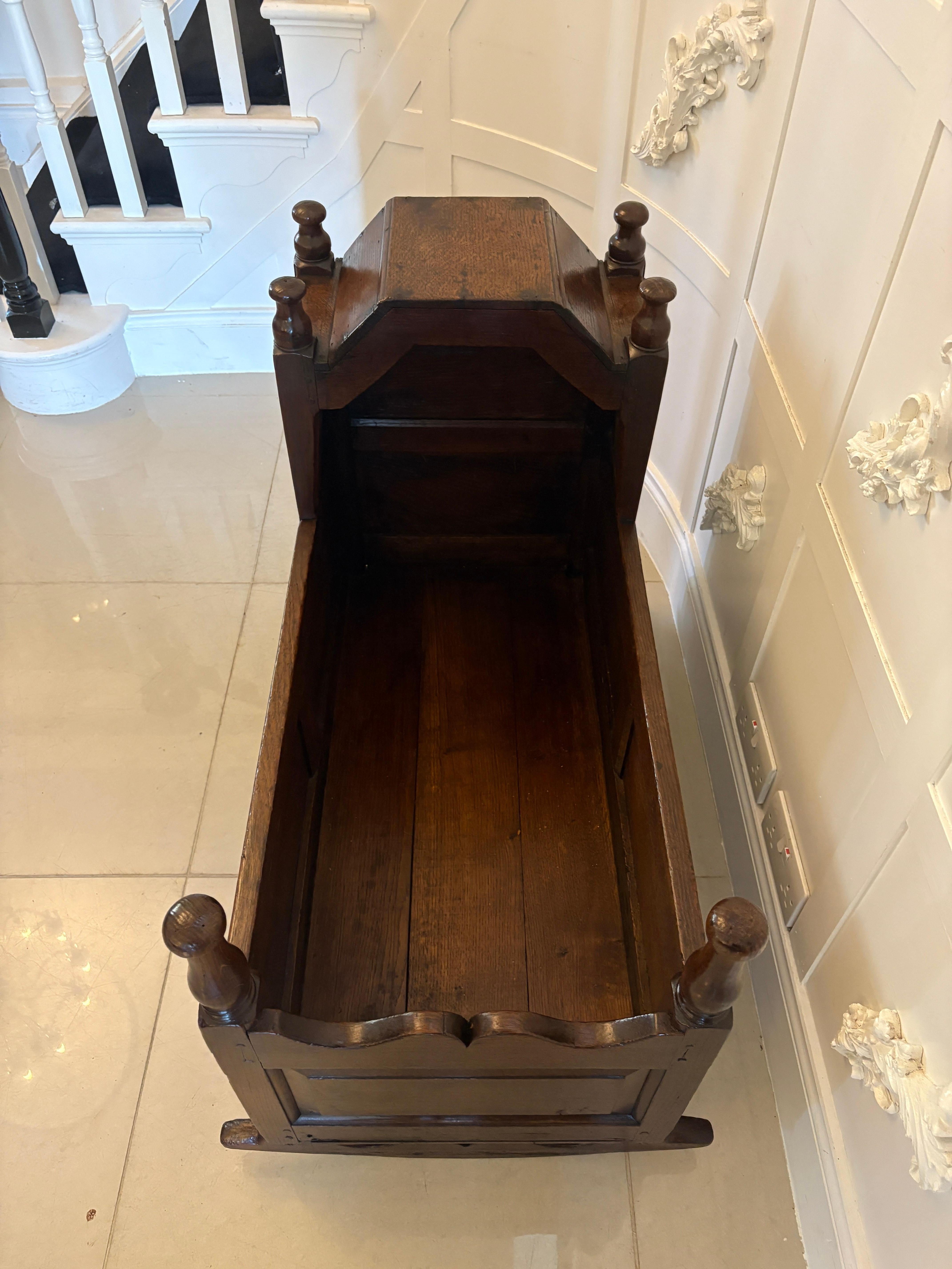 Antique William and Mary Quality Oak Panelled Rocking Crib For Sale 1