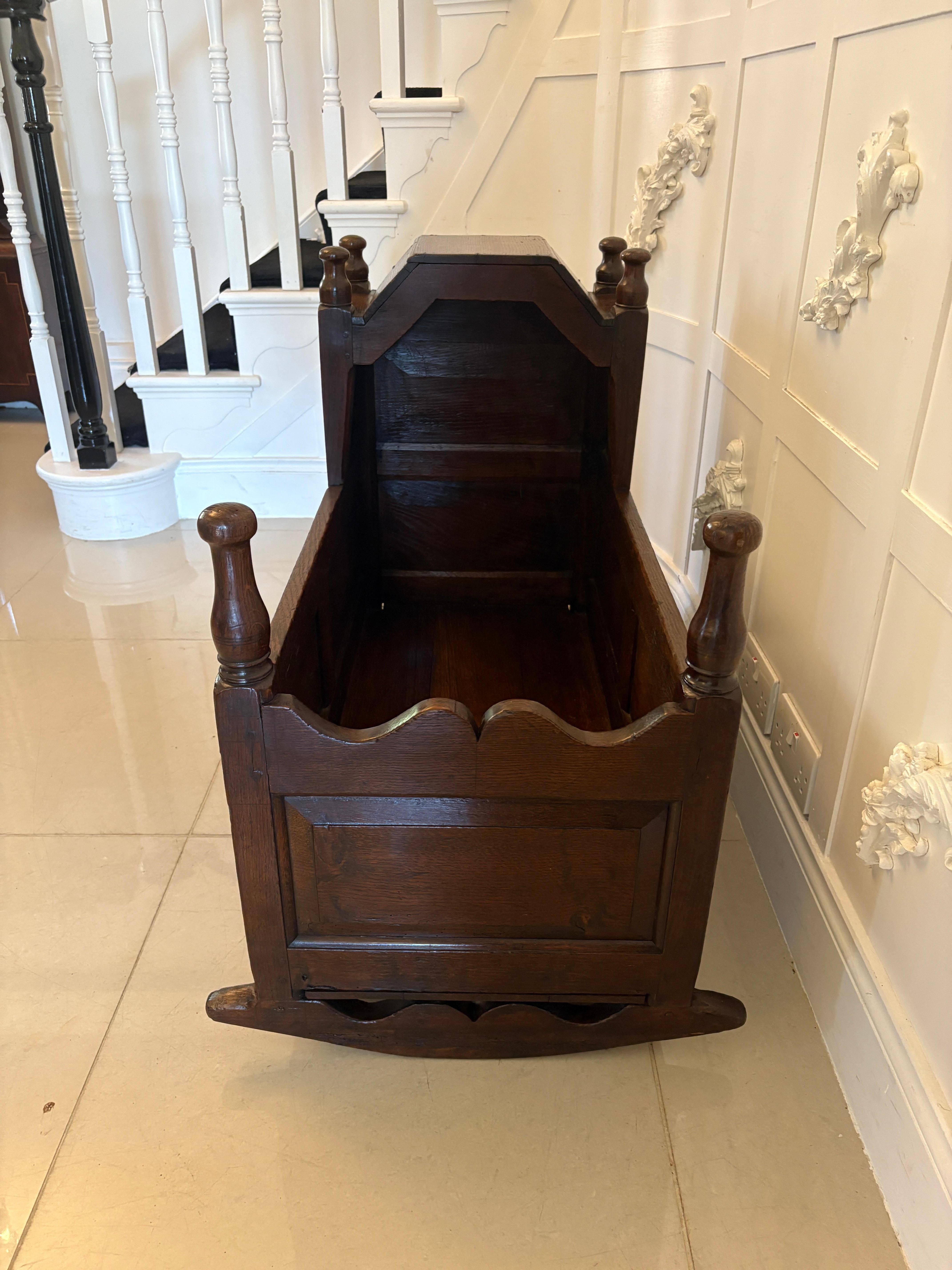 Antique William and Mary Quality Oak Panelled Rocking Crib For Sale 2