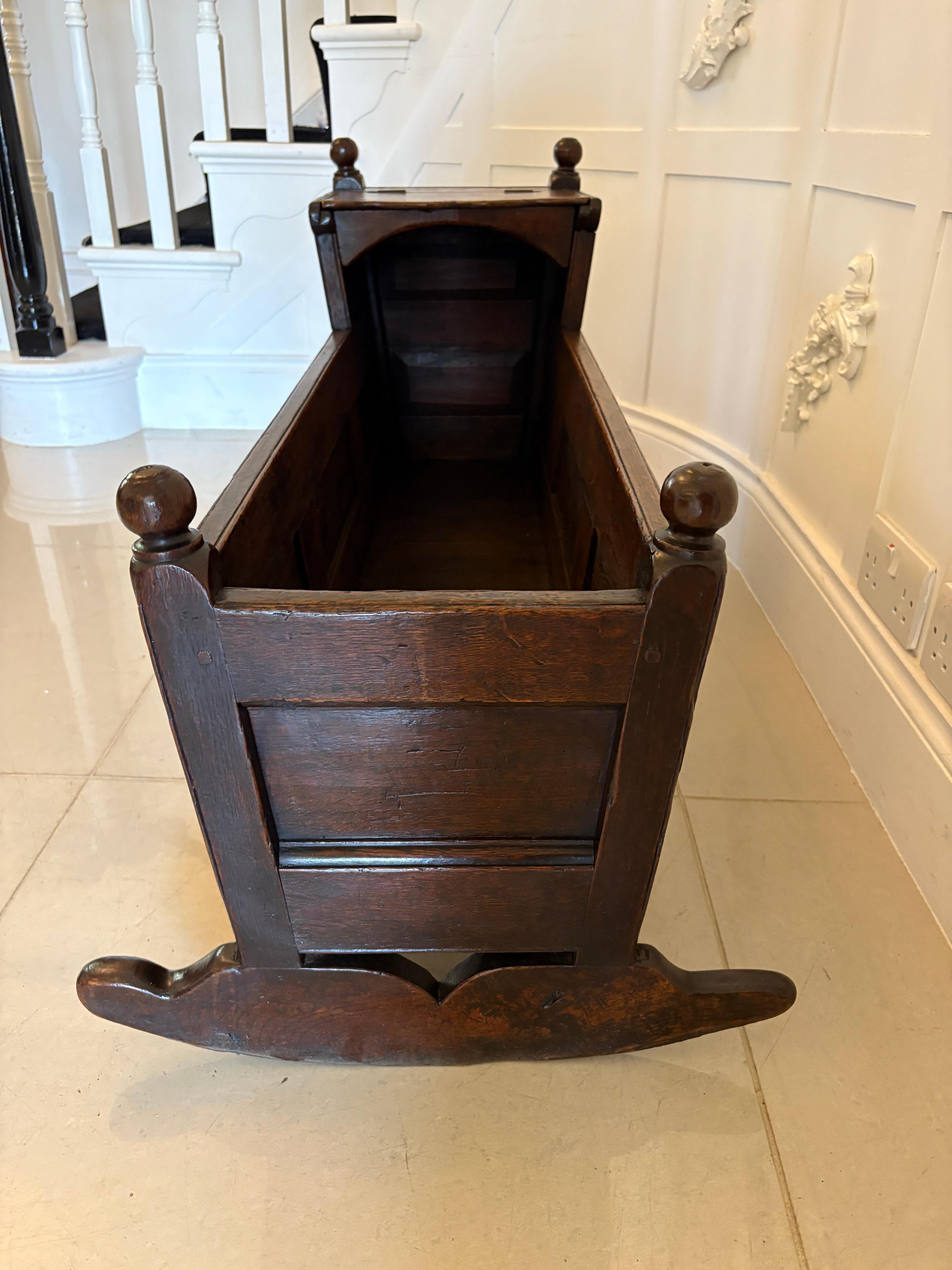 Antique William and Mary Quality Oak Panelled Rocking Crib For Sale 3