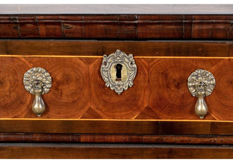 Exceptional chest and stand with fine oyster wood veneers. Oyster wood veneers on the chest top, banded side panels and the drawer fronts. The chest with a carved overhanging top, and two short over three graduated long drawers. Fine cast brass