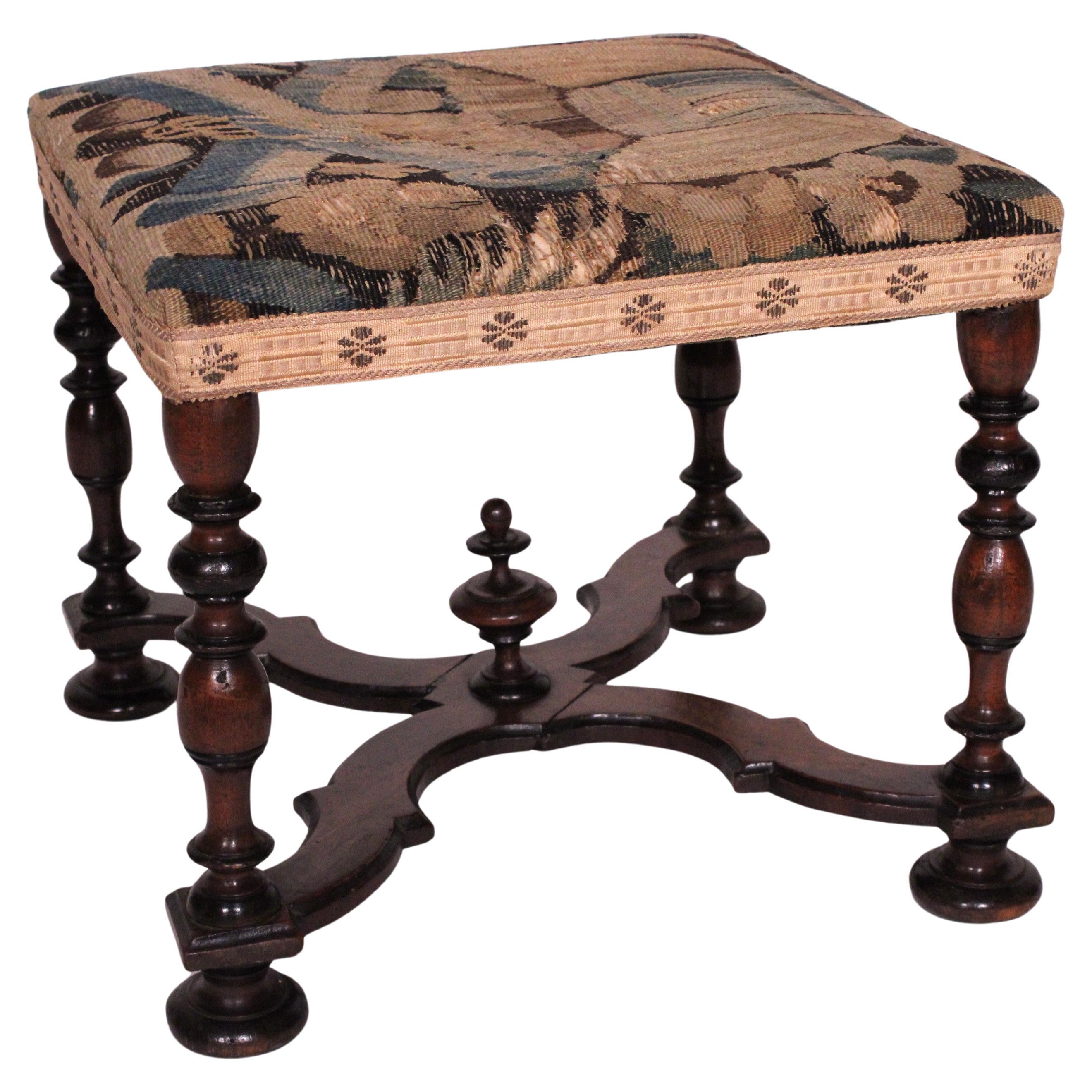 Antique William and Mary Style Walnut Bench with Tapestry Seat For Sale
