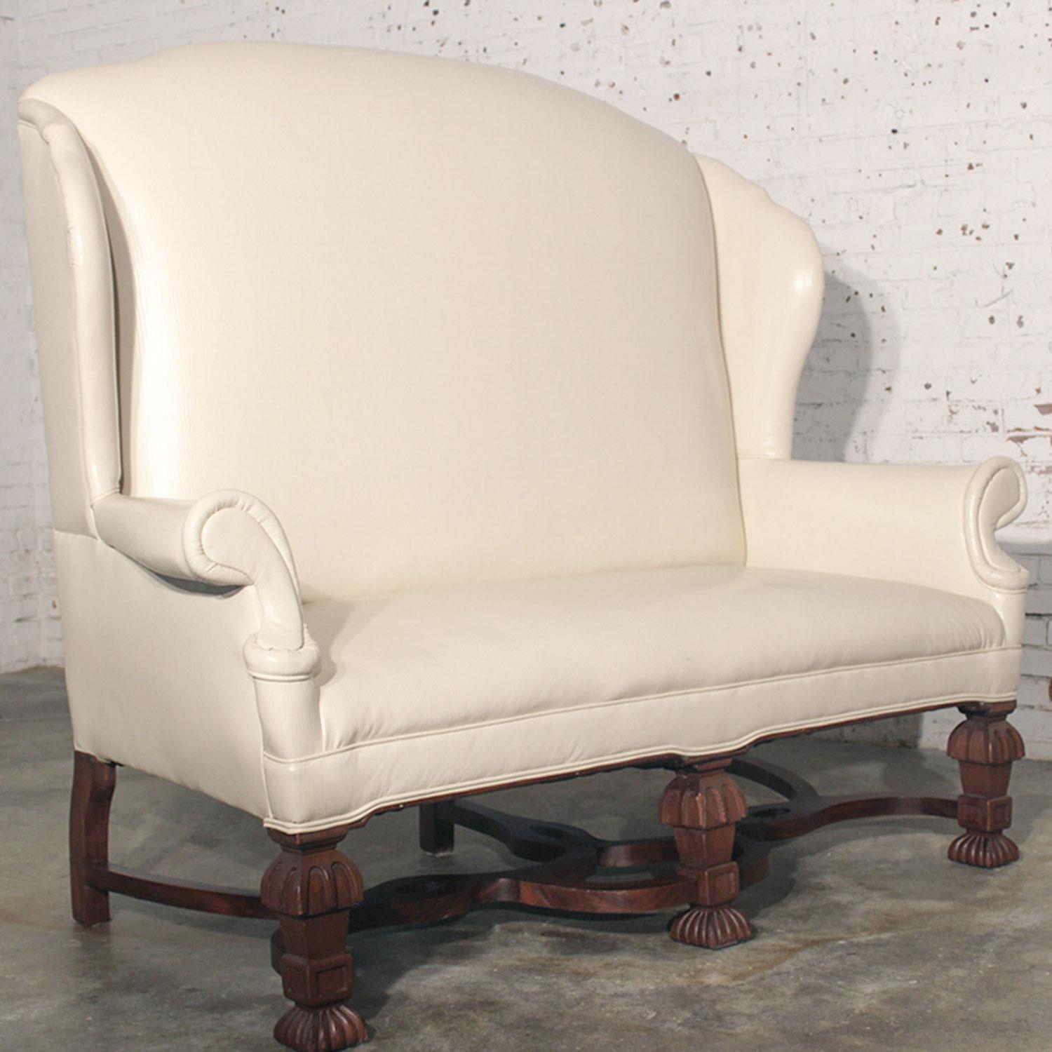 Antique William and Mary Wingback Settee White Faux Leather Ornate Wood Feet 4