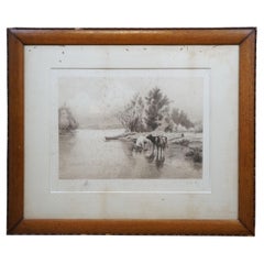 Antique William de la Montagne Cary Signed Bulls Cows Riverscape Etching 31"