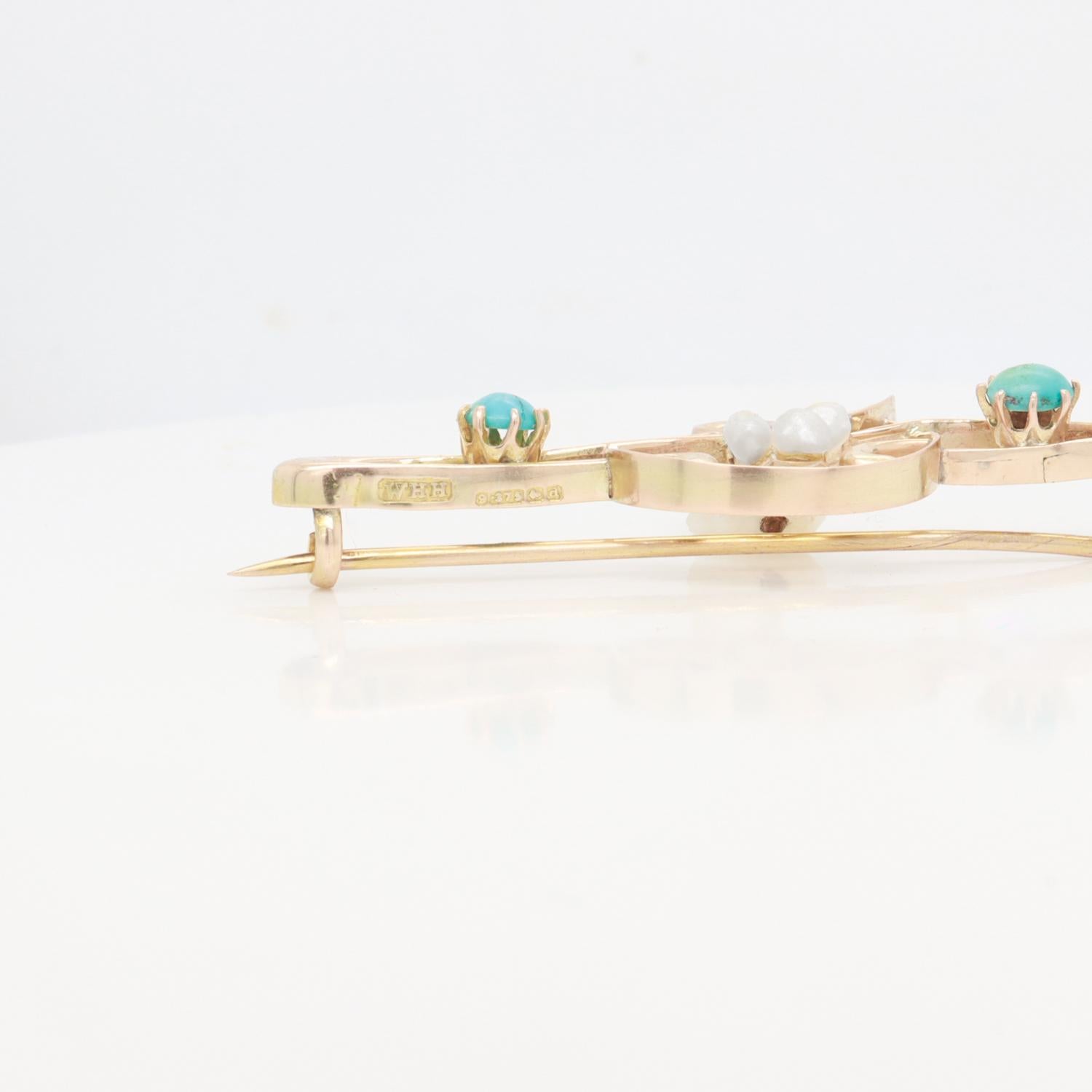Antique William H Haseler English Art Nouveau Gold, Turquoise & Pearl Brooch/Pin For Sale 7