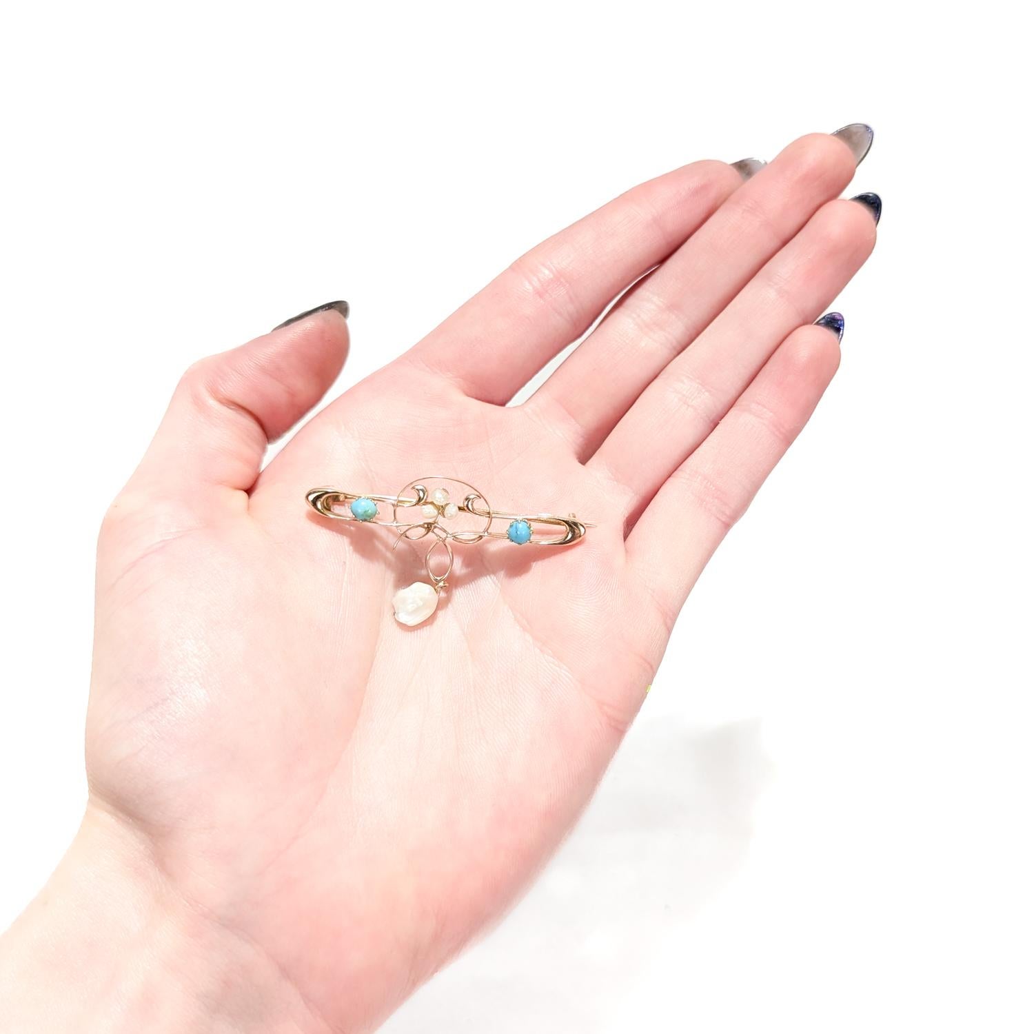 Round Cut Antique William H Haseler English Art Nouveau Gold, Turquoise & Pearl Brooch/Pin For Sale