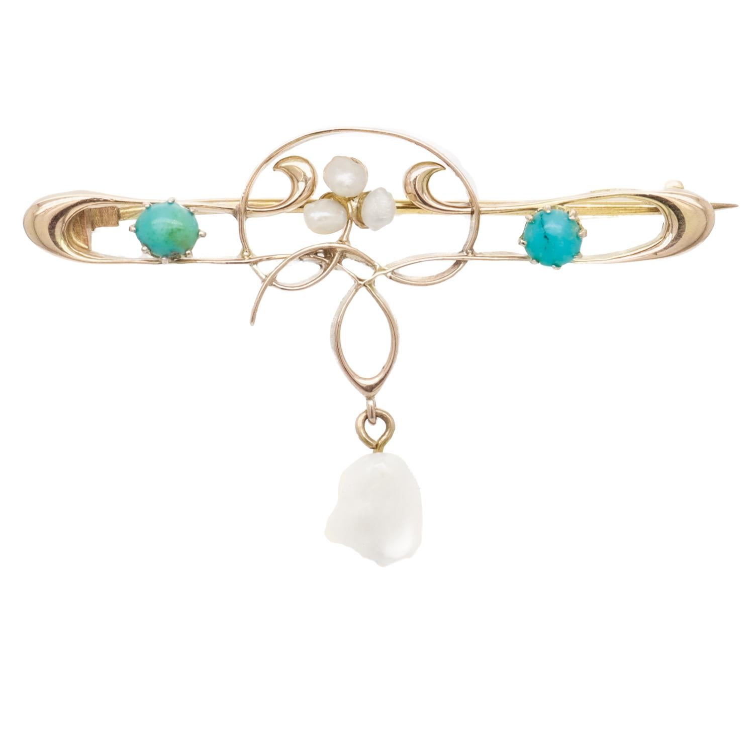 Antique William H Haseler English Art Nouveau Gold, Turquoise & Pearl Brooch/Pin In Good Condition For Sale In Philadelphia, PA