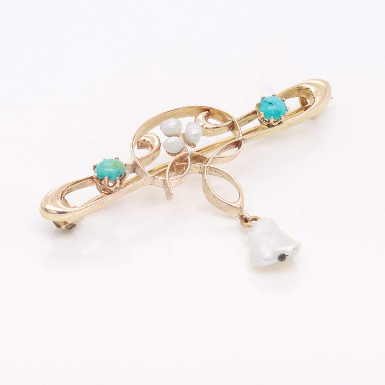 Women's or Men's Antique William H Haseler English Art Nouveau Gold, Turquoise & Pearl Brooch/Pin For Sale