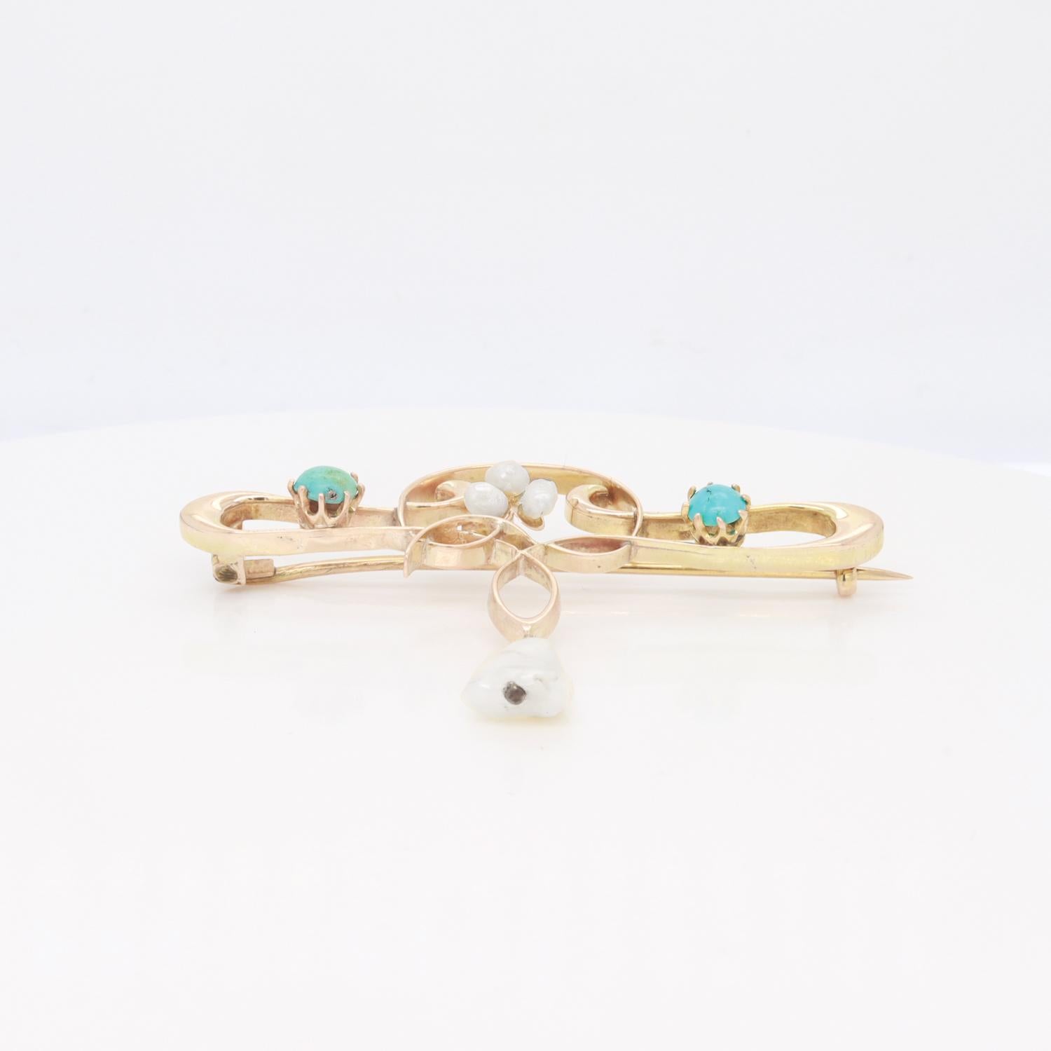 Antique William H Haseler English Art Nouveau Gold, Turquoise & Pearl Brooch/Pin For Sale 2